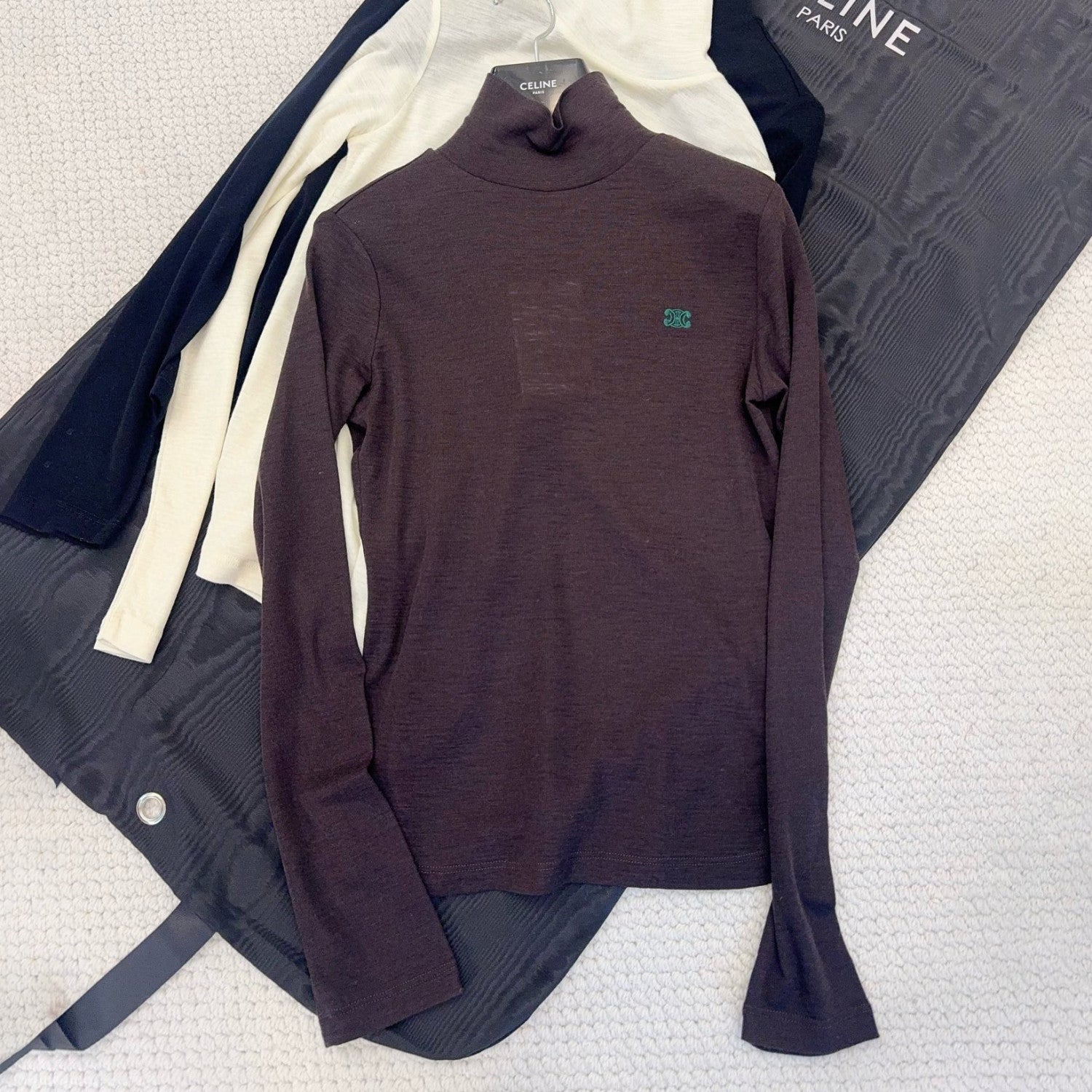 Celine Women's Fall/Winter Fashion Casual High Neck Long Sleeve Logo Mini Label Solid Color Wool Base Layer Sweater #79263