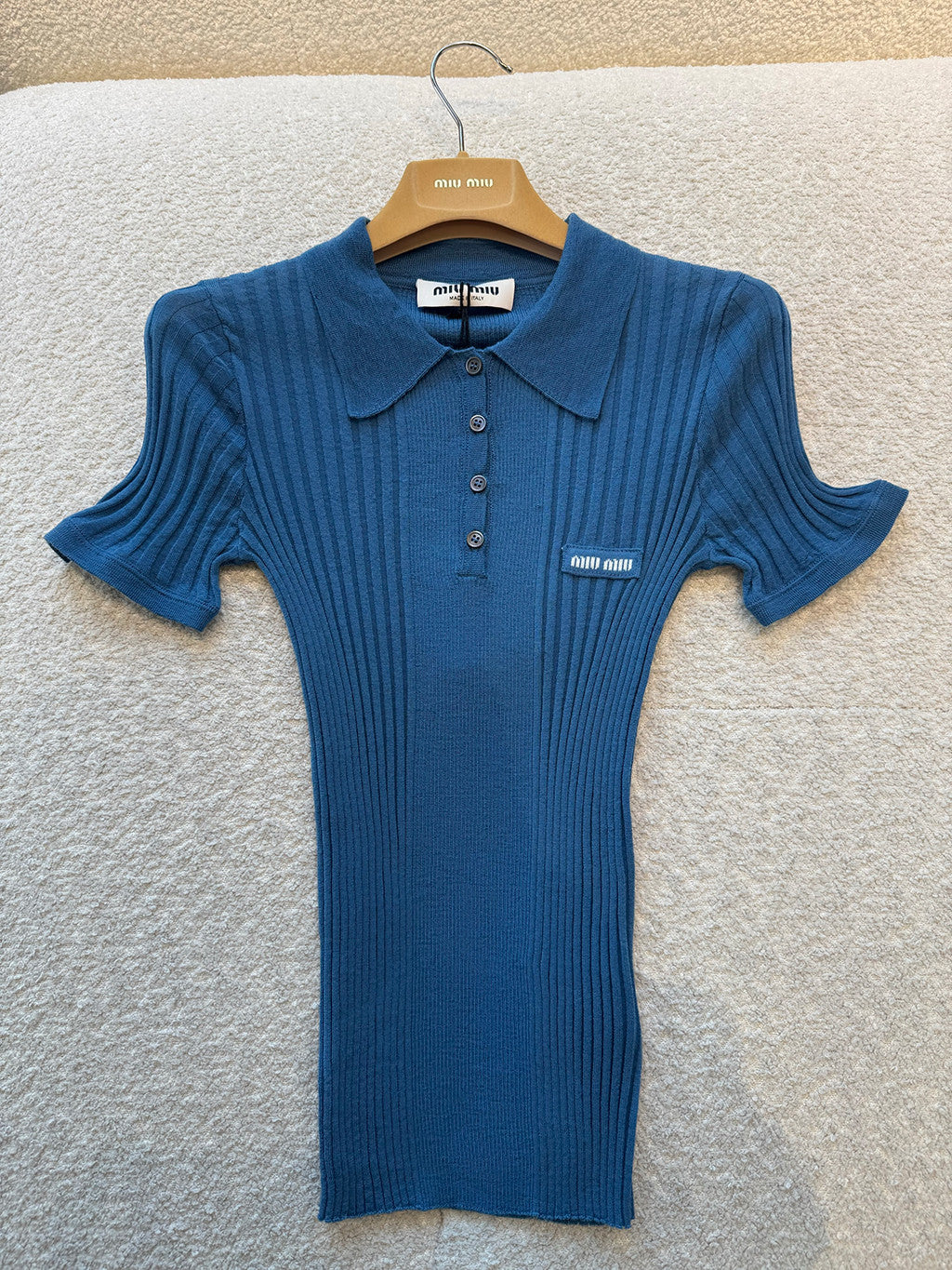 MiuMiu Aviator Blue Ribbed Knit Wool Polo Shirt #335649