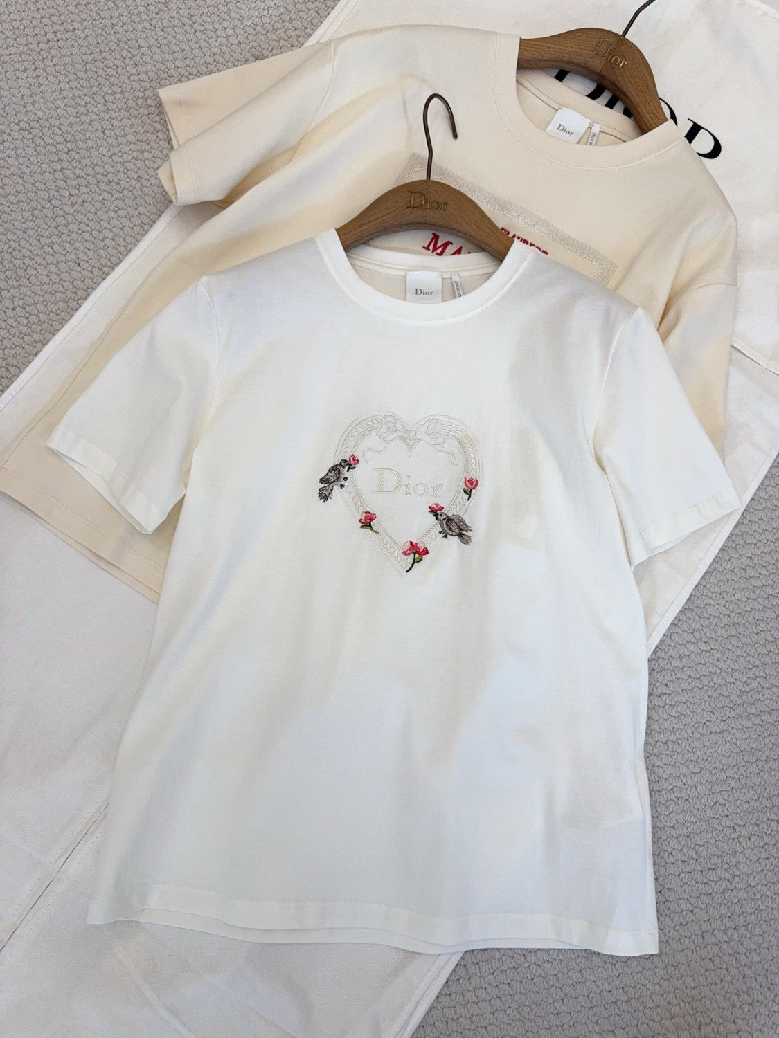 DIOR Dioramour Fitted T-Shirt White Cotton Jersey with Multicolor Doves Roses Motif #375761