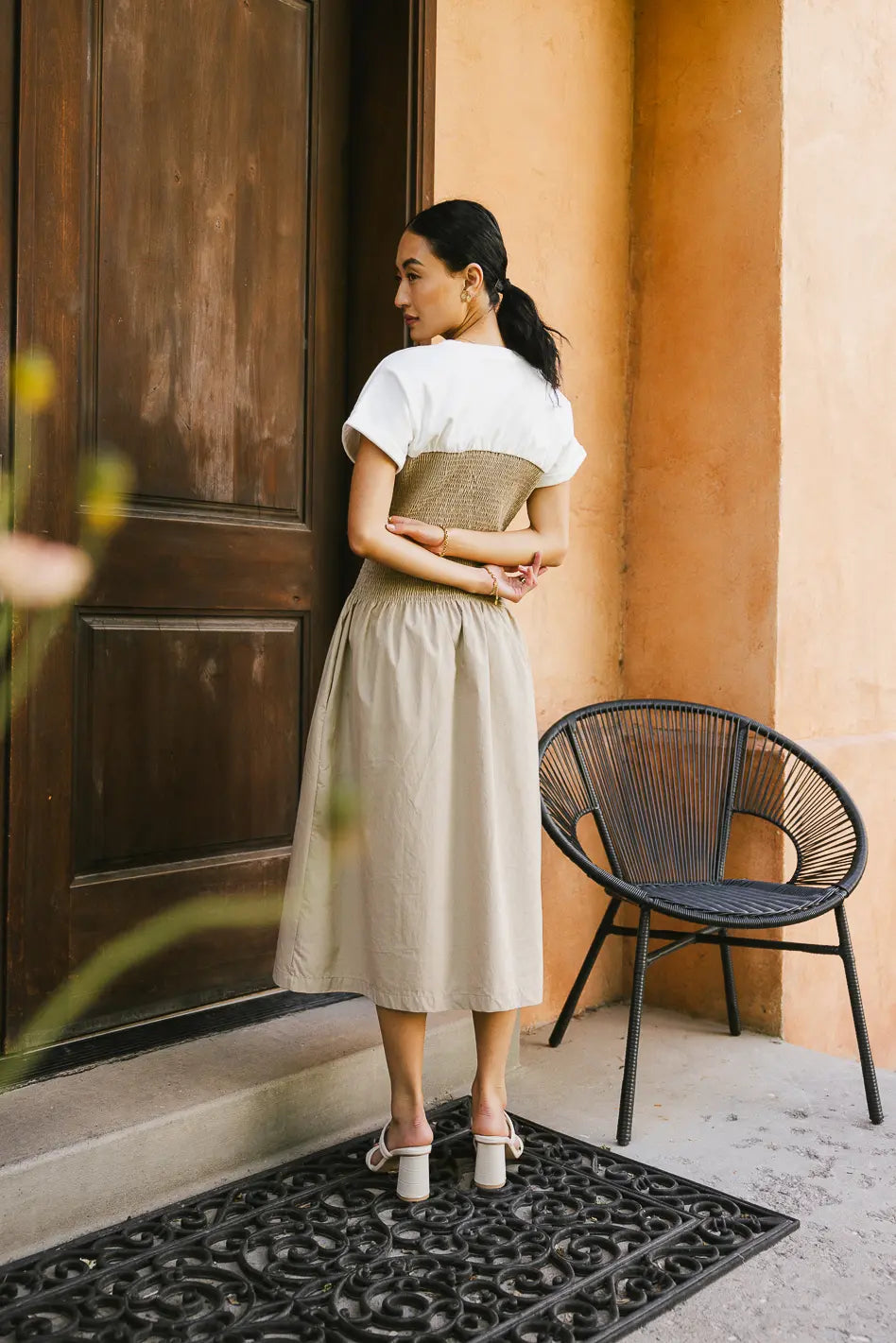 Florence Smocked Midi Dress in Taupe