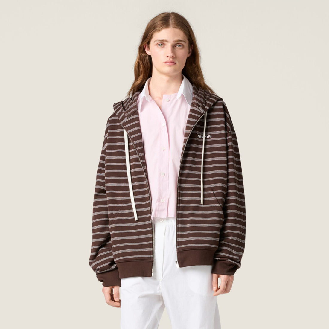 MiuMiu Women's Spring/Fall Contrast-Striped Cotton-Fleece Zipper Long-Sleeve Slim-Fit Hooded Jacket #81547