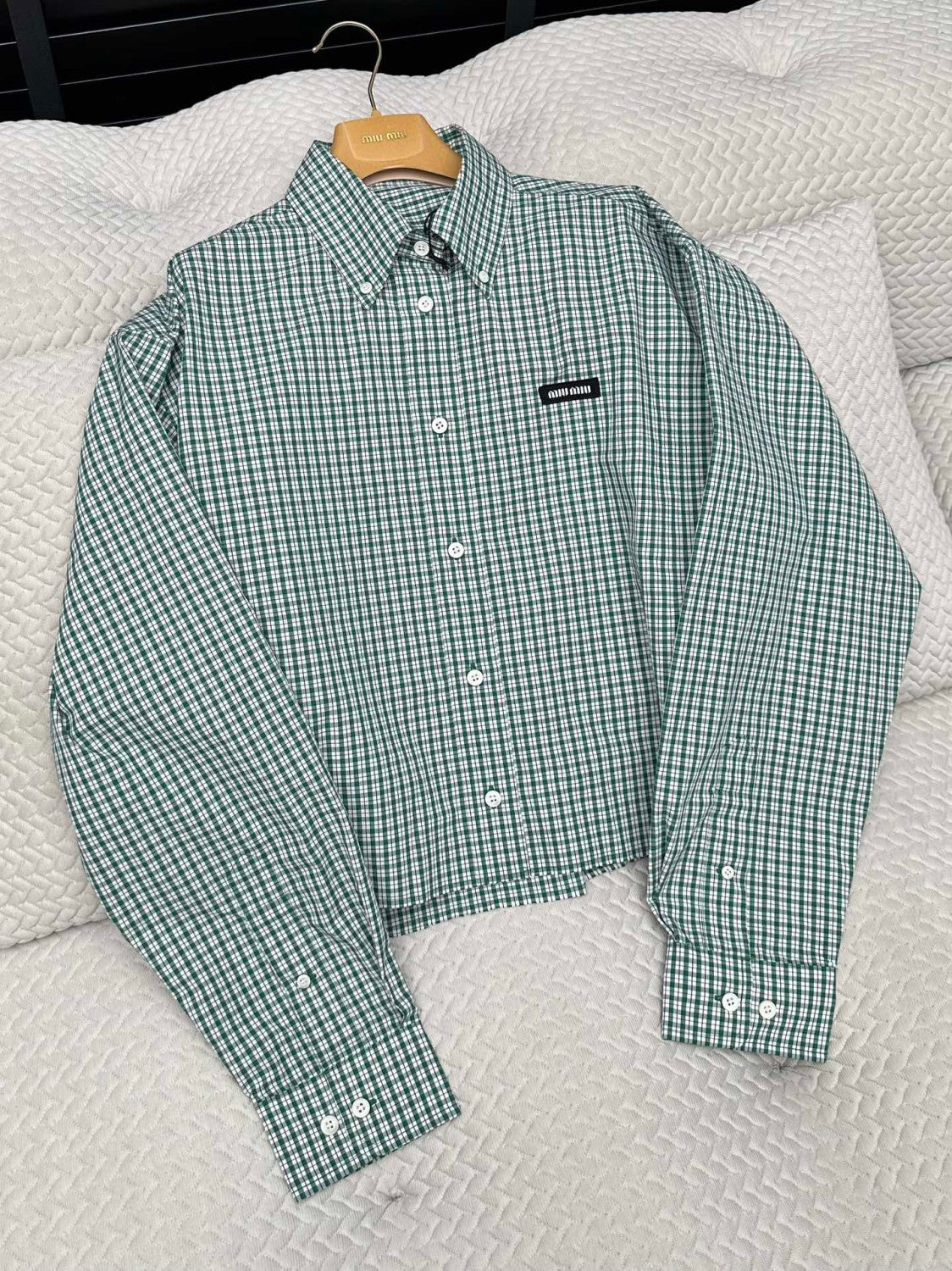MiuMiu Women's Spring And Summer Green Plaid Shirt Logo Fashion Trend Elegant Casual Single-breasted Long-sleeved Jacket Shirt #81459