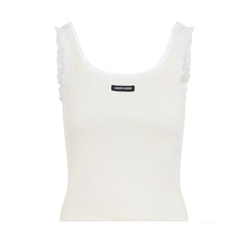 MiuMiu Lace White Knitted Vest Women's Spring And Summer Fashion Elegant Slim Patch Logo Undershirt T-shirt Tops  #81438