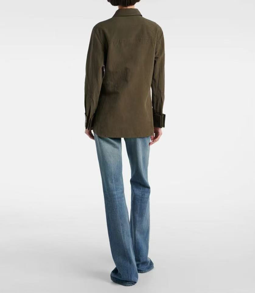 Saint Laurent Women's Lapel Embroidered Pocket Logo Shirt #333271