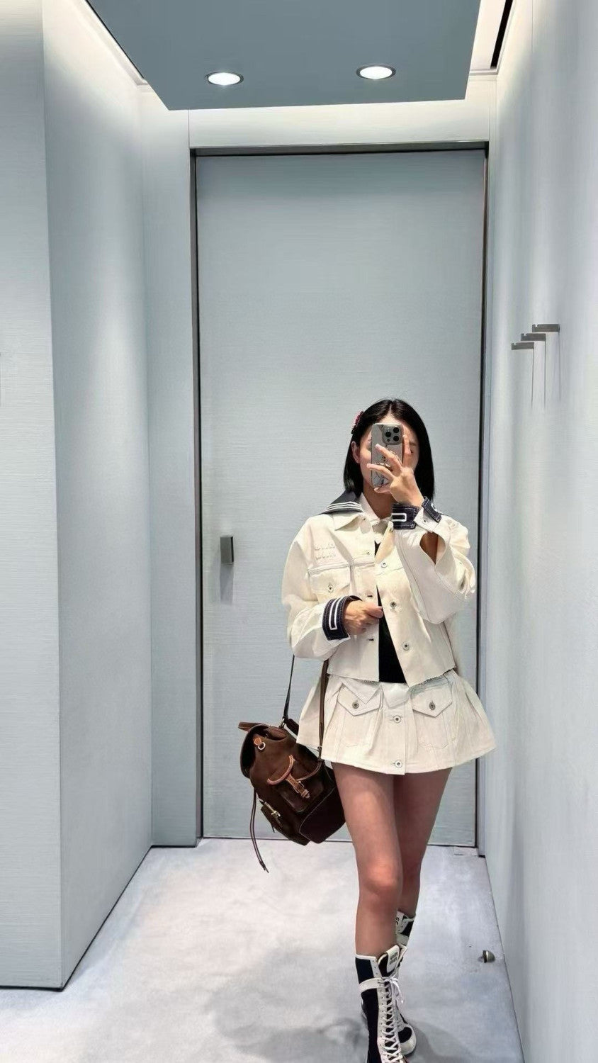 MiuMiu Women's Spring/Summer Navy Collar Single-Button Cotton Long-Sleeve Denim Jacket Solid-Color Casual Short Skirt #81546