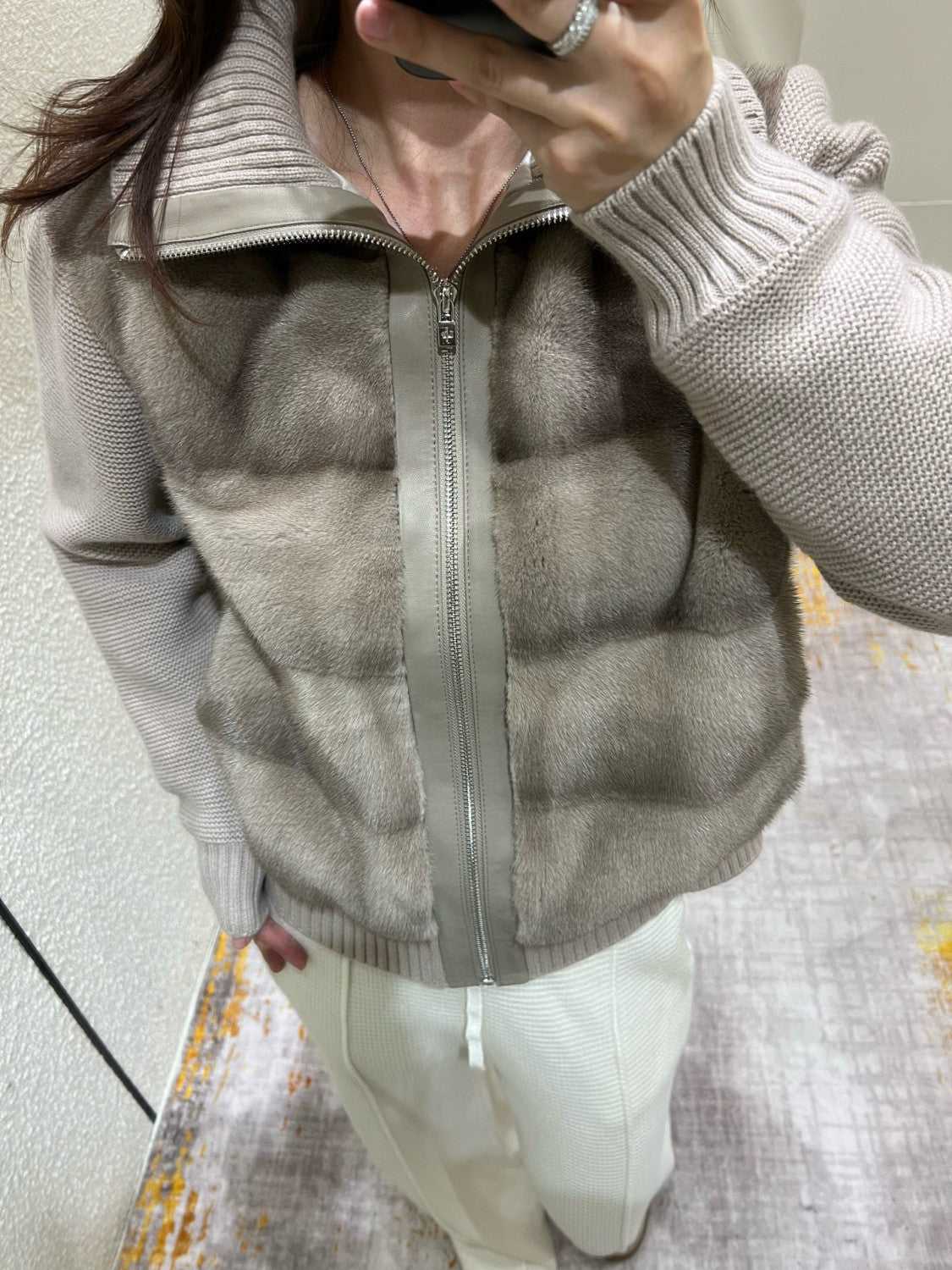 Loro Piana Women's Fall/Winter Mink-Collar Cashmere Solid-Color Zipper Long-Sleeve Knit Puffer Down Jacket #81738