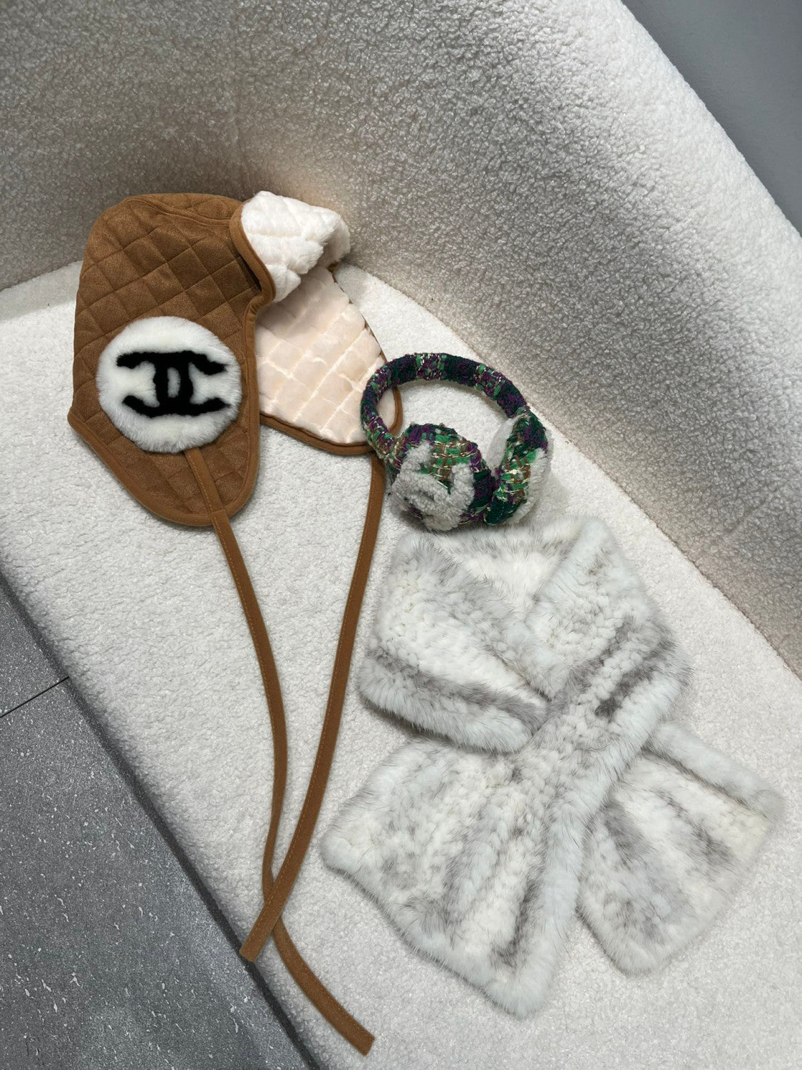 Chanel Muff Earmuffs Shearling Lambskin Tweed Ecru #335043