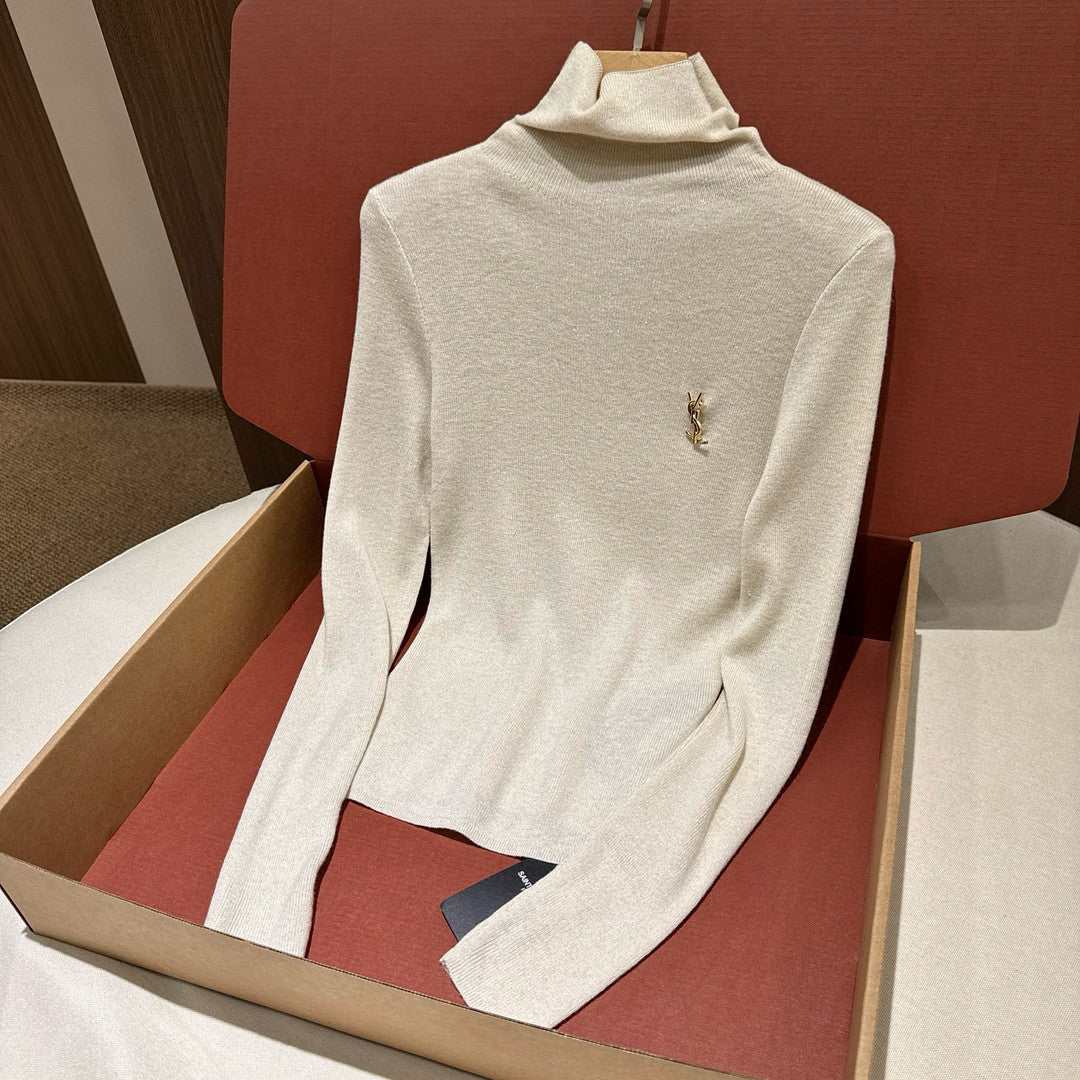 SAINT LAURENT Women's Fall/Winter Fashion Casual Solid Color Logo Slim Fit High Neck Sweater #79338
