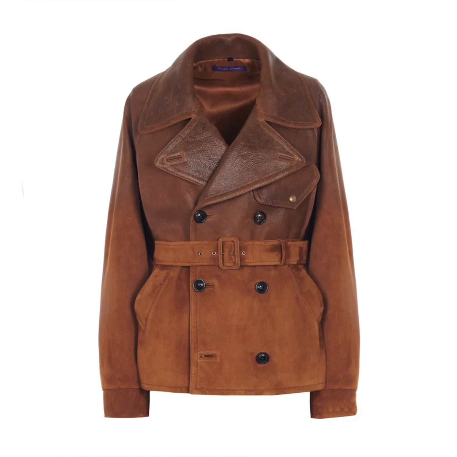 Ralph Lauren Women's Autumn And Winter Curry Leather Patchwork Jacket Belt Double Breasted Lapel Leather Jacket Ngvp #2248