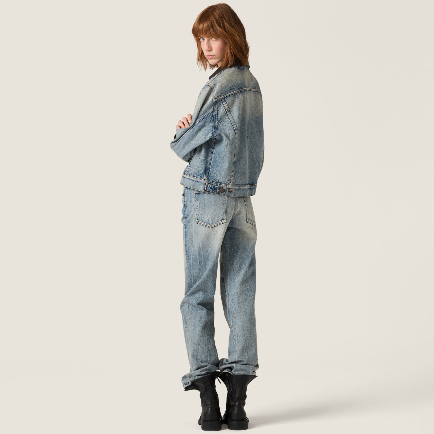 MiuMiu Women's Spring/Fall Fashion Casual Lapel Single Breasted Patchwork Leather Denim Jacket Stylish Relaxed Fit Denim Pants Suit Set #79385