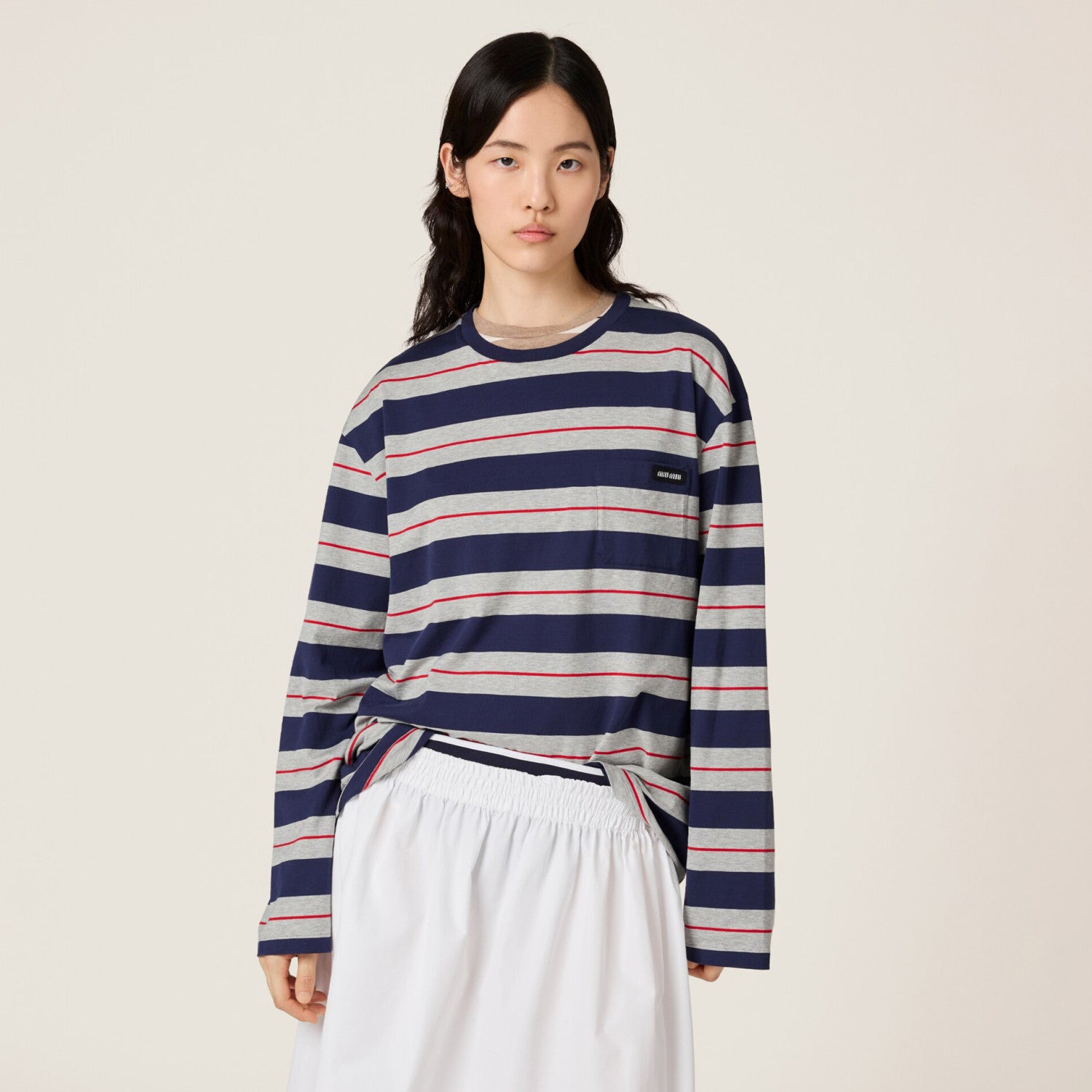 MiuMiu Women's Spring/Autumn Fashion Casual Cotton Plain Weave Knitted Striped Drop Shoulder Sleeve Round Neck Long Sleeve T-Shirt Top #78299