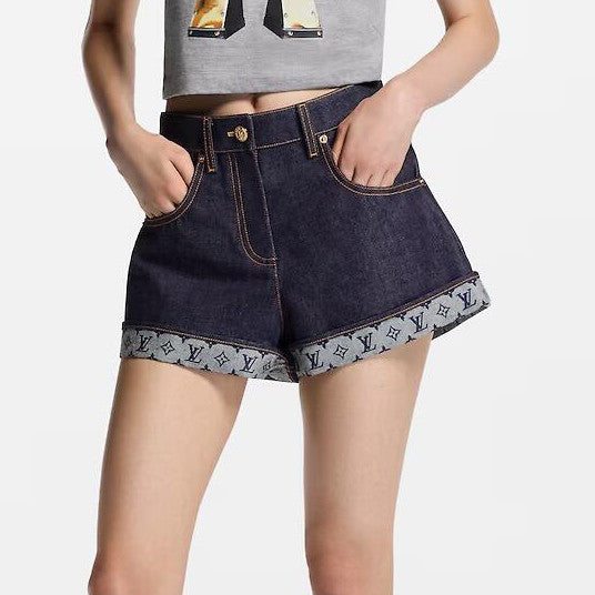 Louis Vuitton Women's Summer Solid Color Turn-Up Mini Pocket Denim Shorts #77818