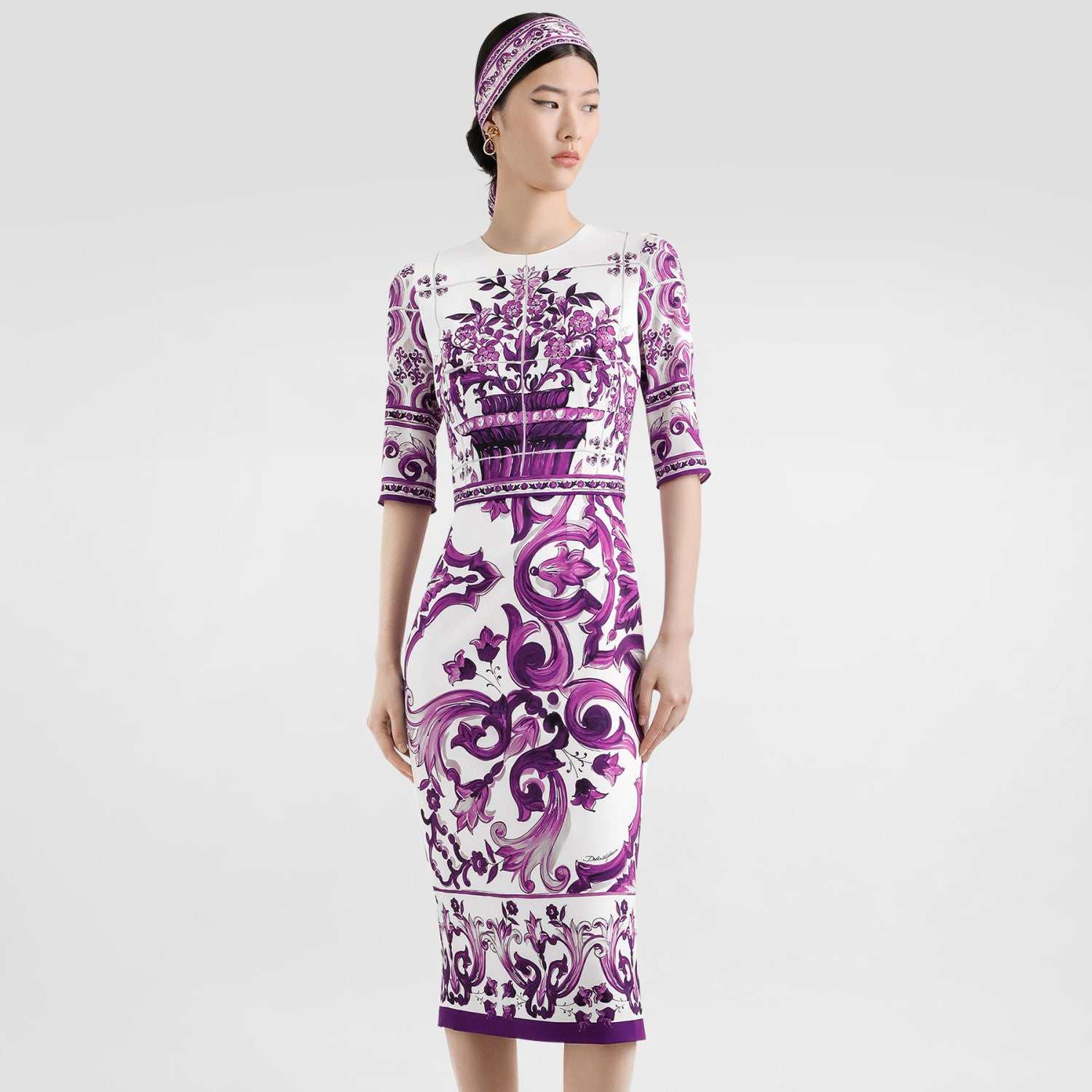 Dolce&Gabbana Majolica Printed Vegan Crepe Satin Dress Women's Spring Summer Purple Fashion Elegant Evening Dresses Ngvp #2428