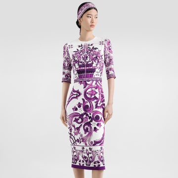 Dolce&Gabbana Majolica Printed Vegan Crepe Satin Dress Women's Spring Summer Purple Fashion Elegant Evening Dresses Ngvp #2428