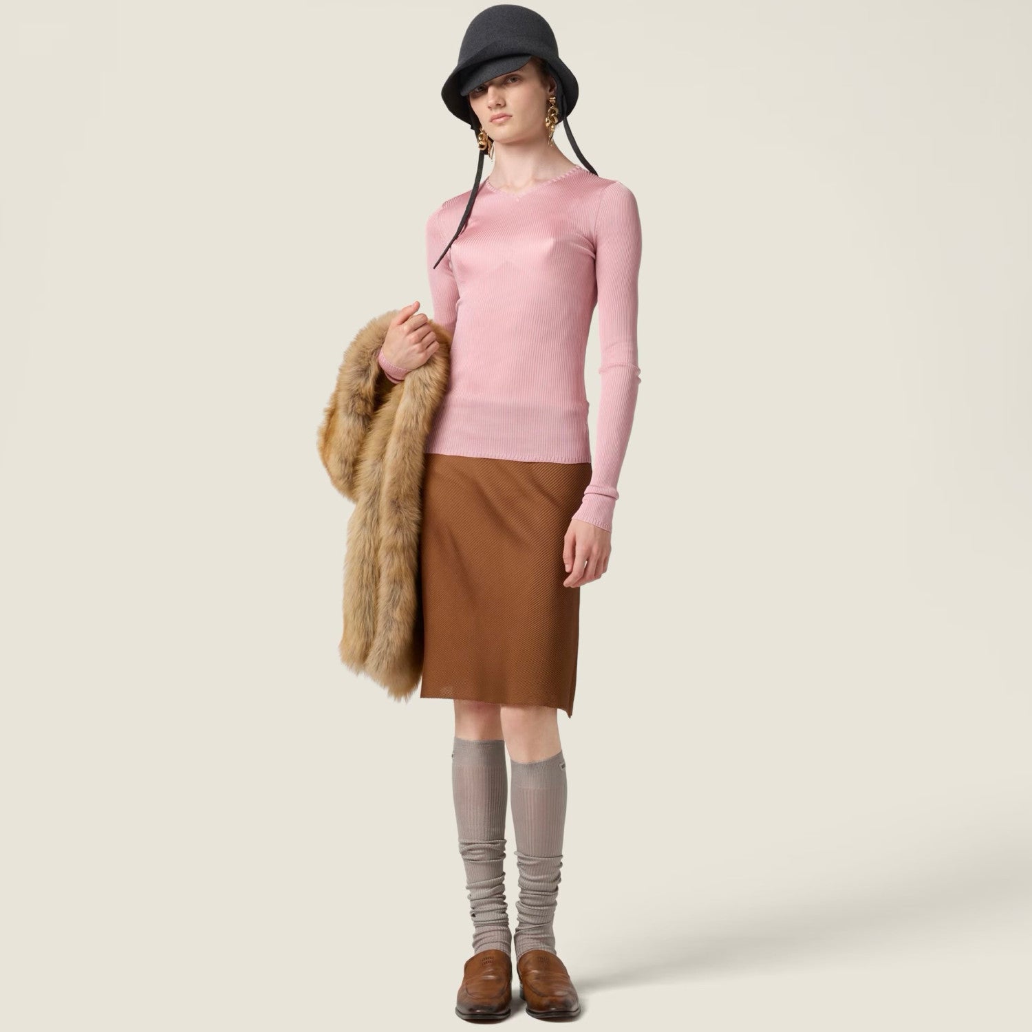 MiuMiu Begonia Pink Silk V-neck Sweater #335966
