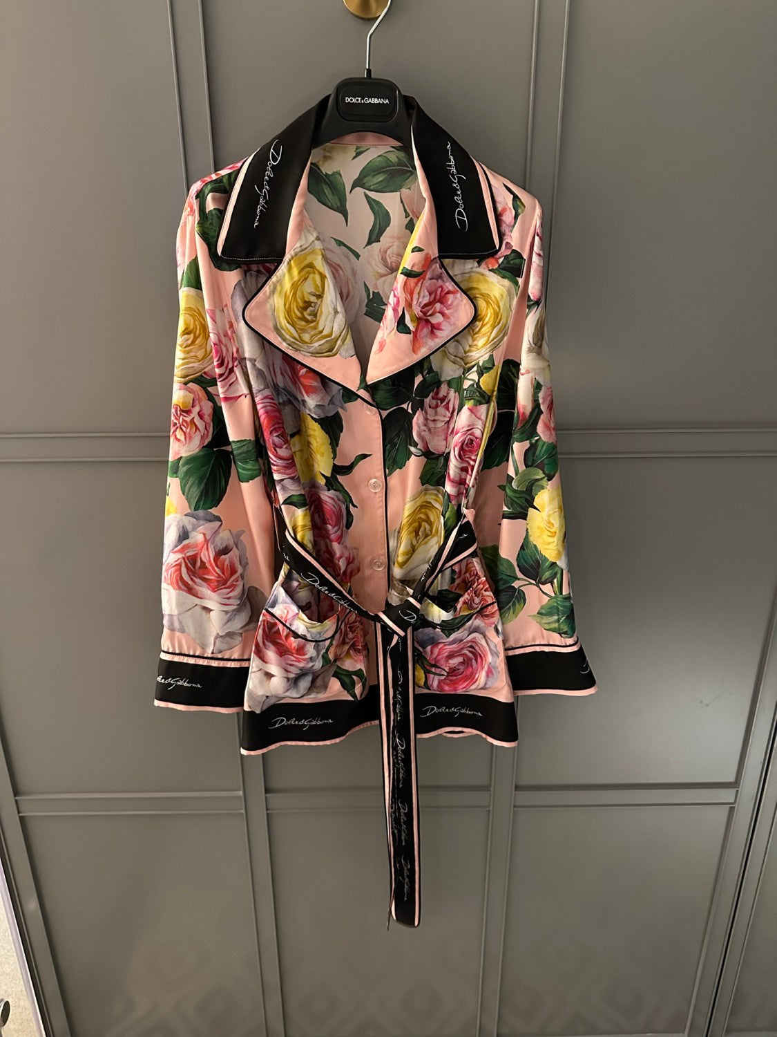 Dolce&Gabbana Women's Autumn/winter Floral Print Silk Satin Blouse  Shirt With Belted Collar Straight-leg Casual Trousers Pants Set Suit  Ngvp #2628