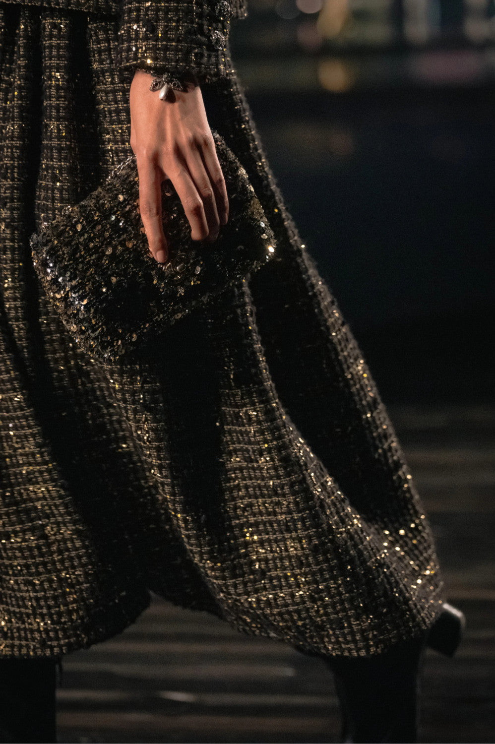 Chanel Women's Spring/autumn Vintage Suit Black And Gold Rhinestone Floral Embroidery Blend Belt Long Sleeve Jacket Pleated Halter Dress Vacation Set Ngvp #2243
