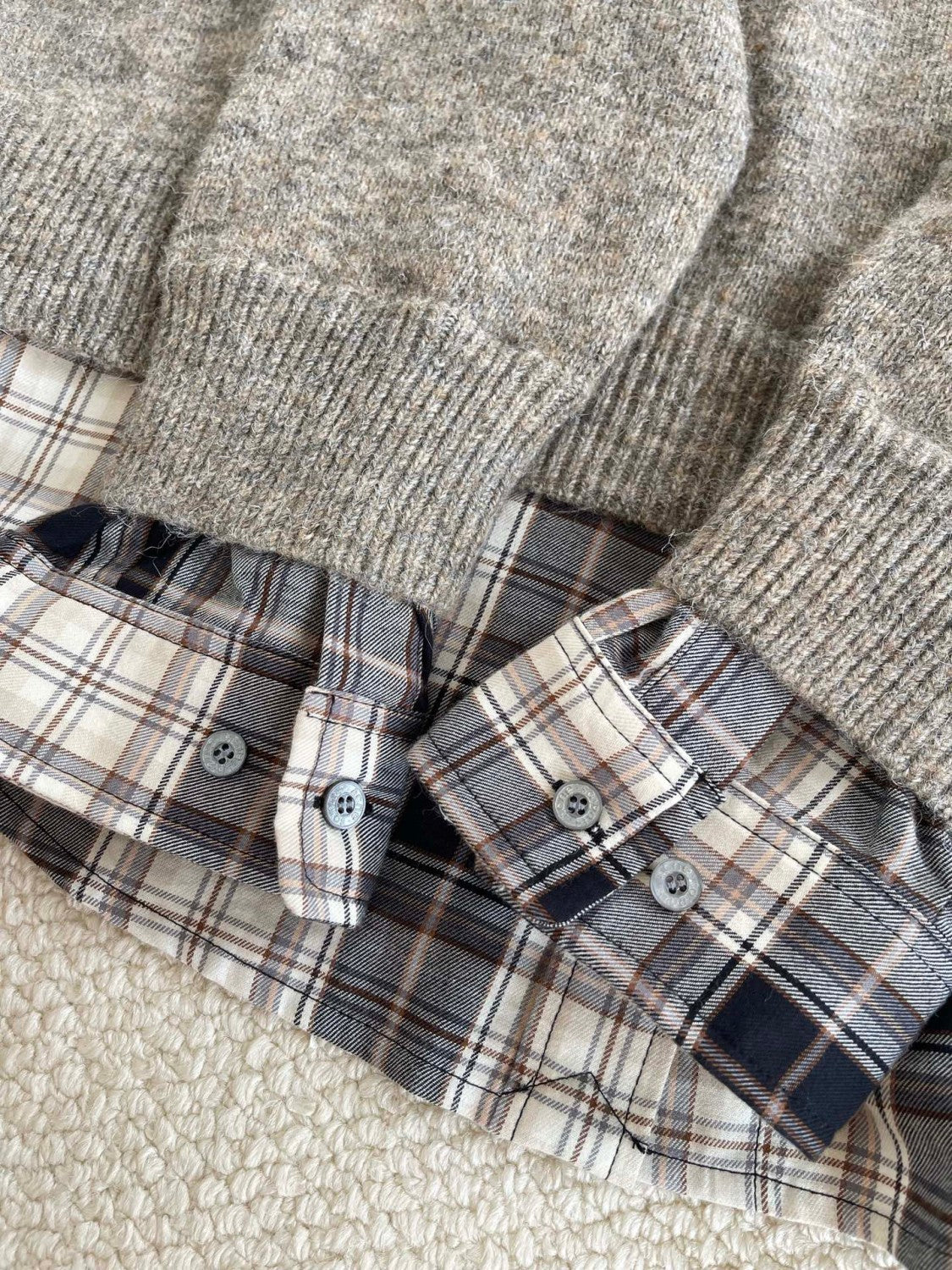 Acne Studios FW25 Women's Layered Wool Hoodie Beige Plaid Patchwork Sweater #332244