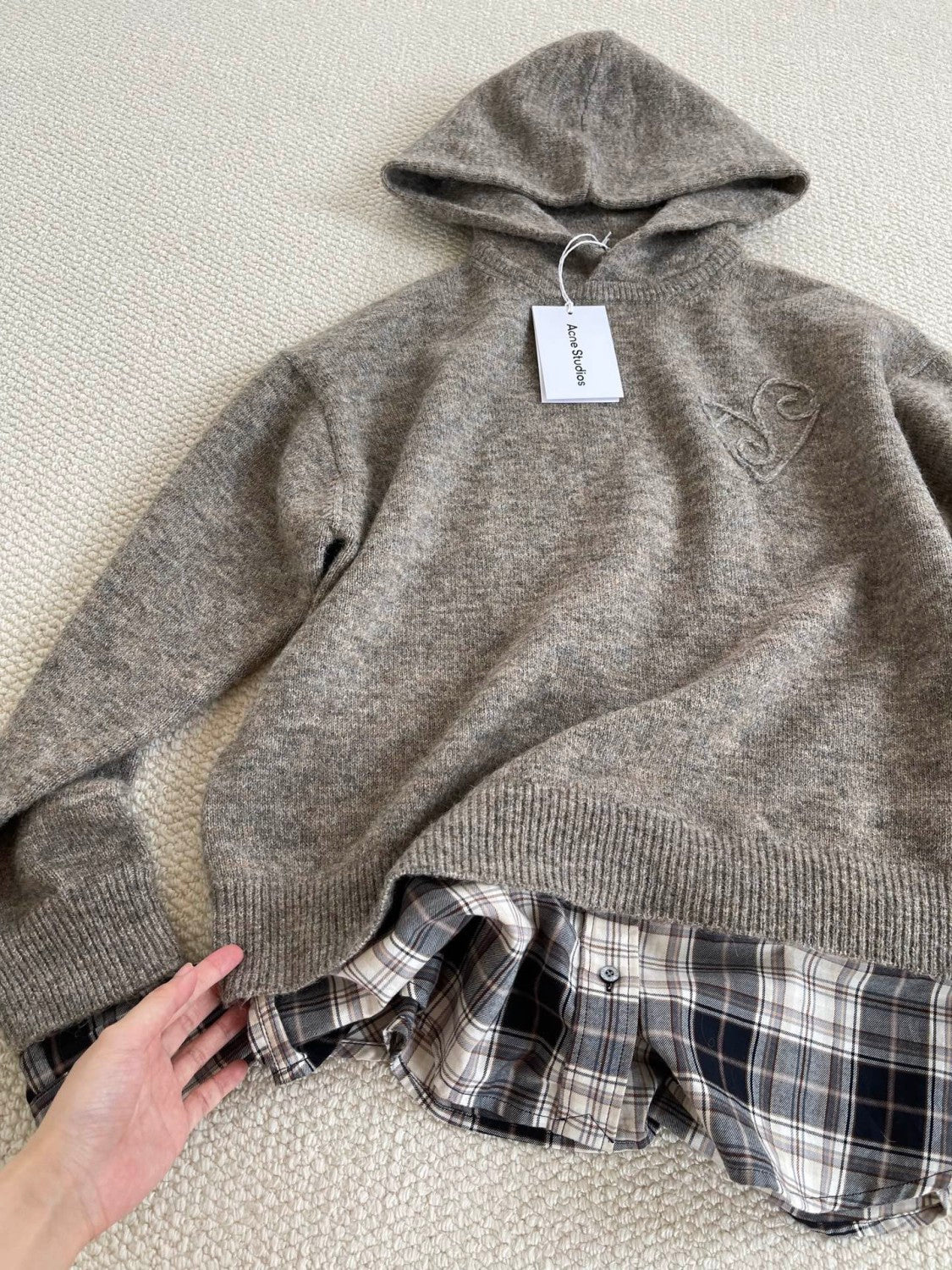 Acne Studios FW25 Women's Layered Wool Hoodie Beige Plaid Patchwork Sweater #332244