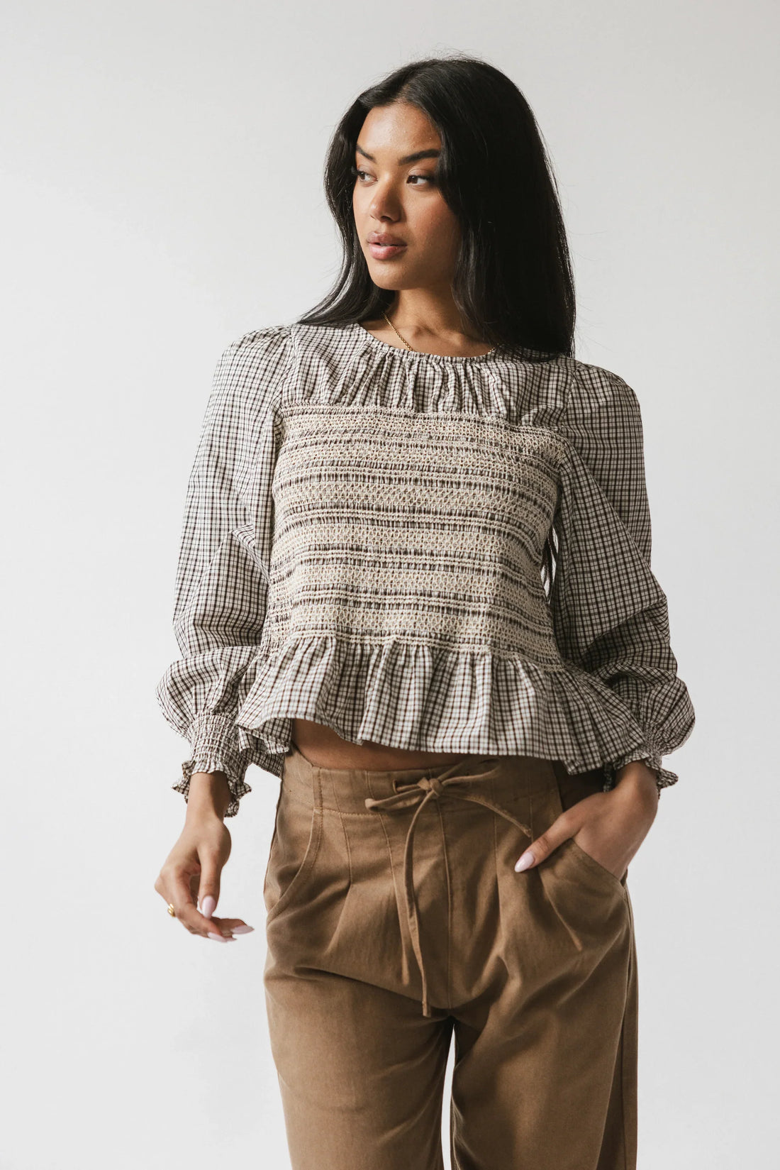 Kesley Smocked Blouse in Brown