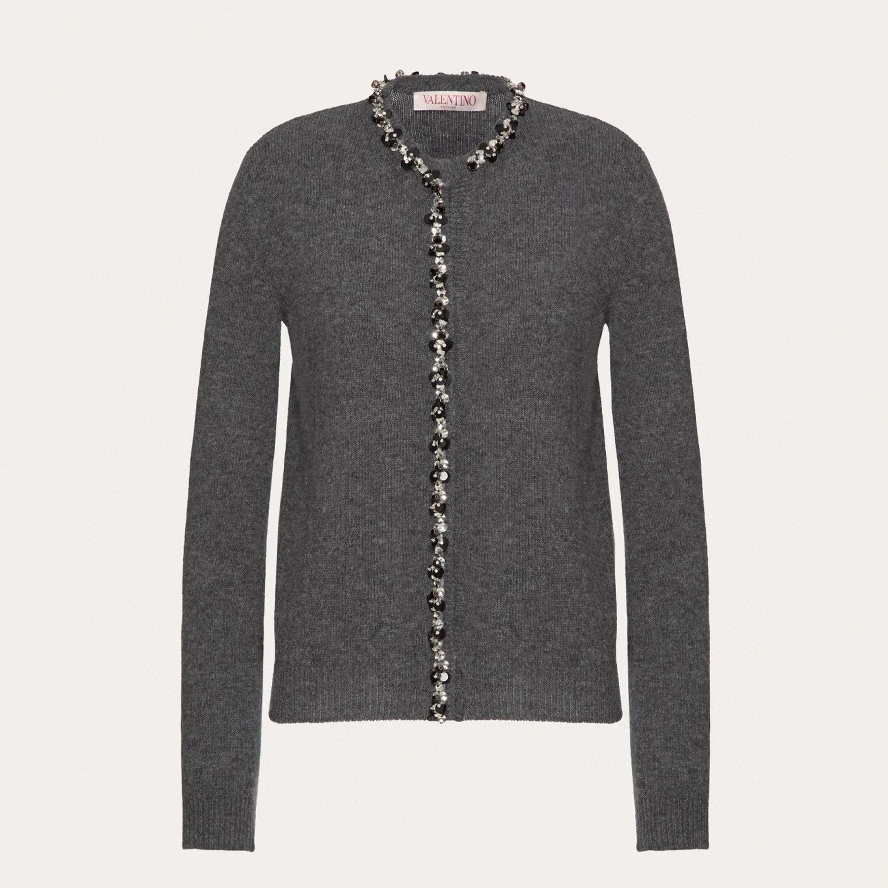 Valentino Women's Luxury Sequins Gray Wool Cardigan Autumn And Winter Fashion Trend Leisure Exquisite Single-breasted Knitted Cardigan Ngvp #2449