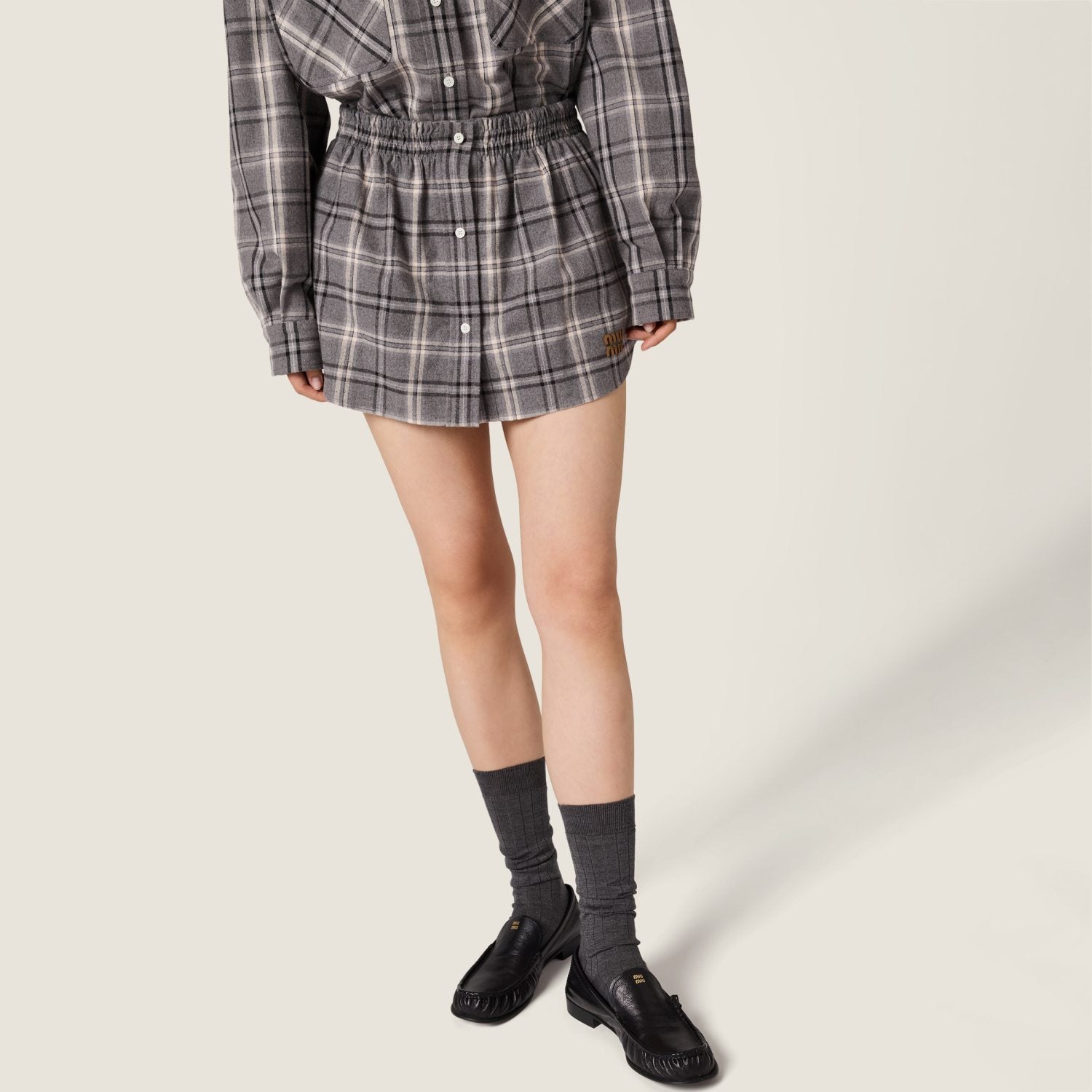 MiuMiu Slate Gray Checked Flannel Shirt Miniskirt #333609