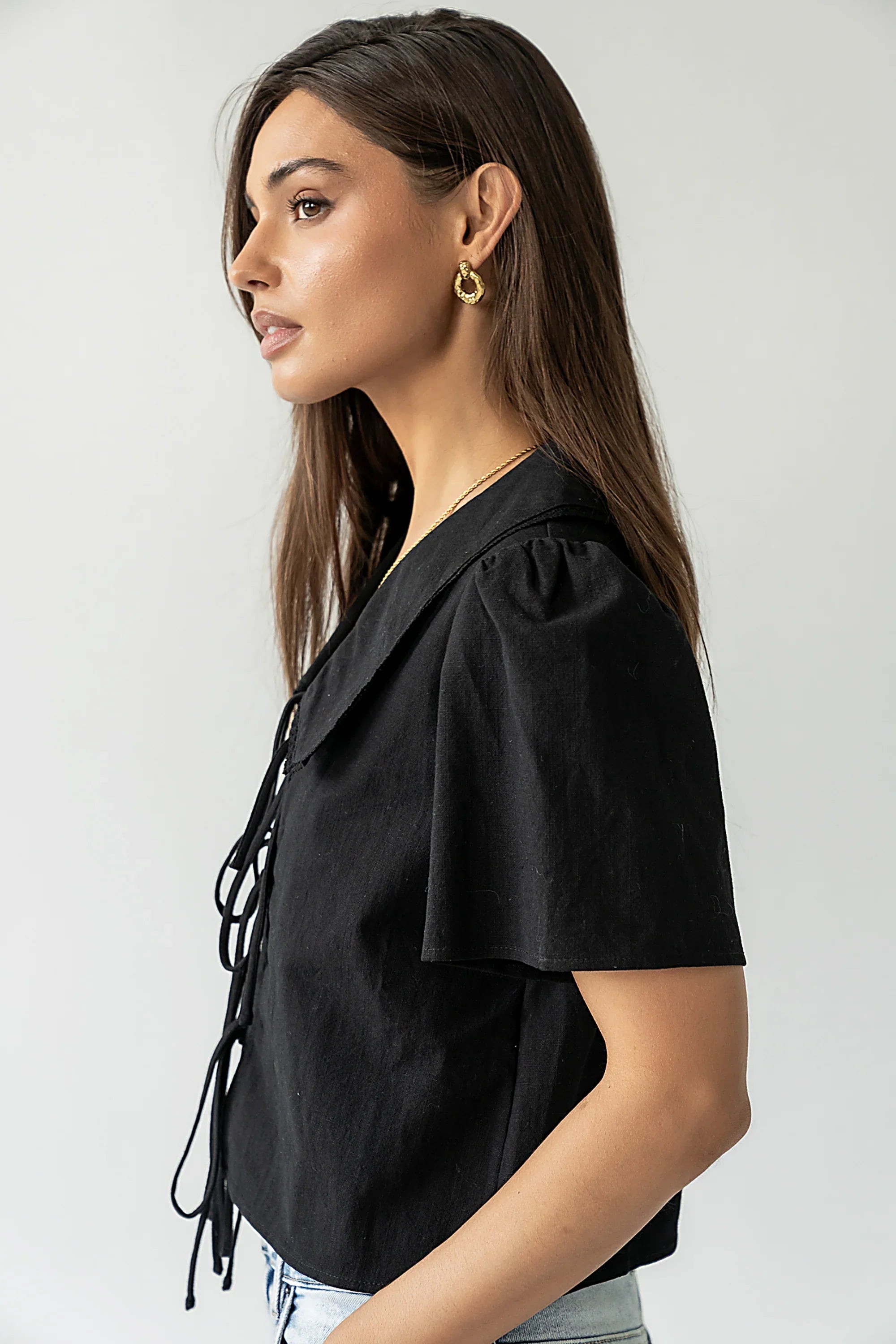 Ethan Tie Front Blouse in Black