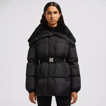 Moncler Women's Fall/Wimter Black Large Lapel Goose Down Jacket With Belt Nylon Short Style Light Jacket #332539