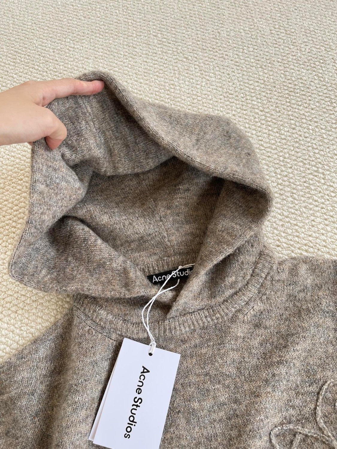 Acne Studios FW25 Women's Layered Wool Hoodie Beige Plaid Patchwork Sweater #332244