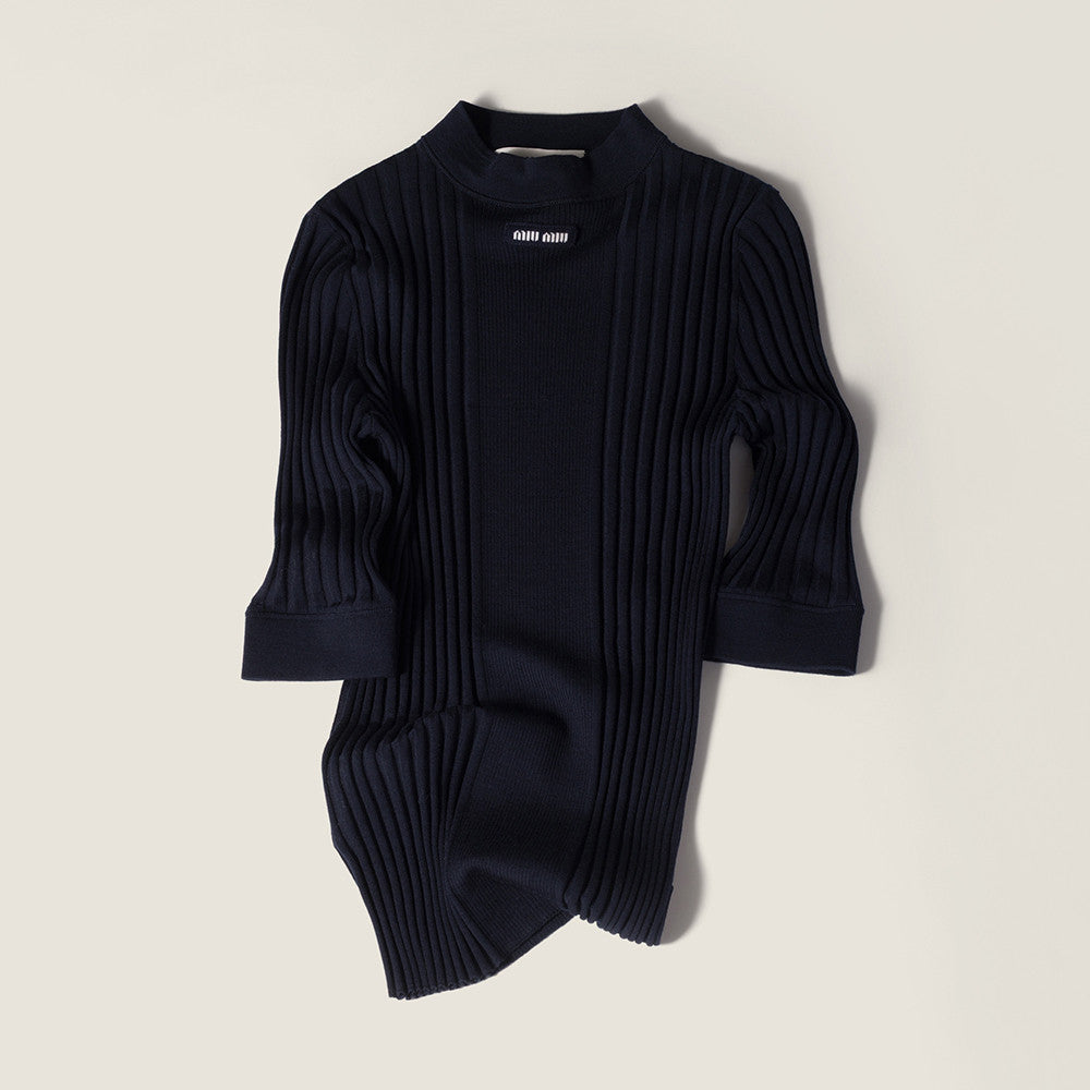 MiuMiu Navy Ribbed Knit Wool Sweater #336058