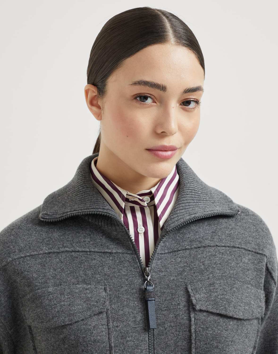 Brunello Cucinelli Women's Spring/Fall Cashmere High-Neck Zipper Coat Solid Color Long-Sleeve Double-Faced Knit Cardigan With Shiny Zipper Pull Ngvp #2312