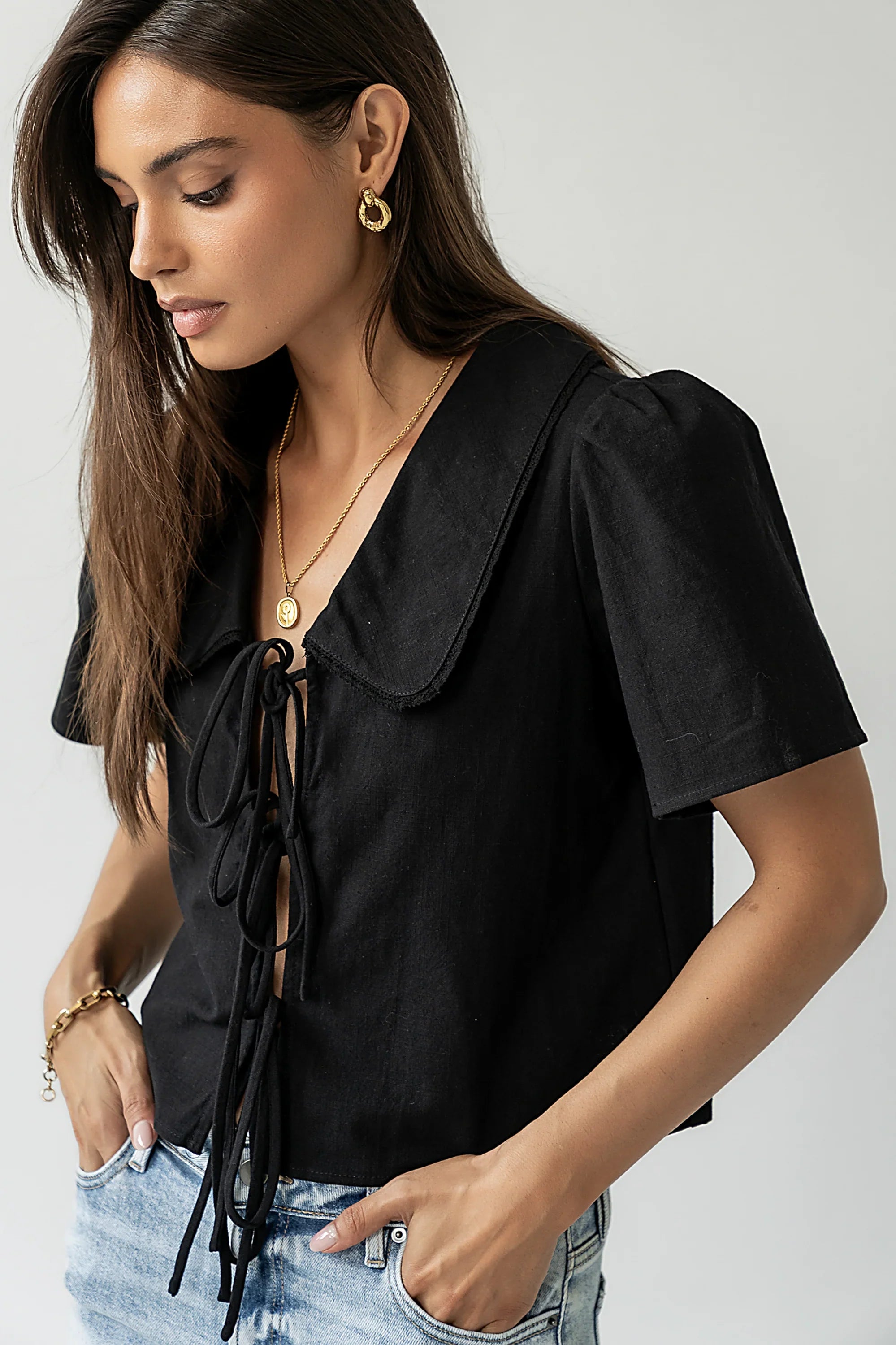 Ethan Tie Front Blouse in Black
