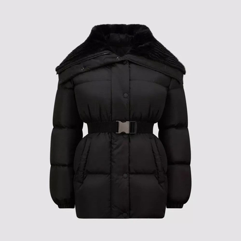 Moncler Women's Fall/Wimter Black Large Lapel Goose Down Jacket With Belt Nylon Short Style Light Jacket #332539