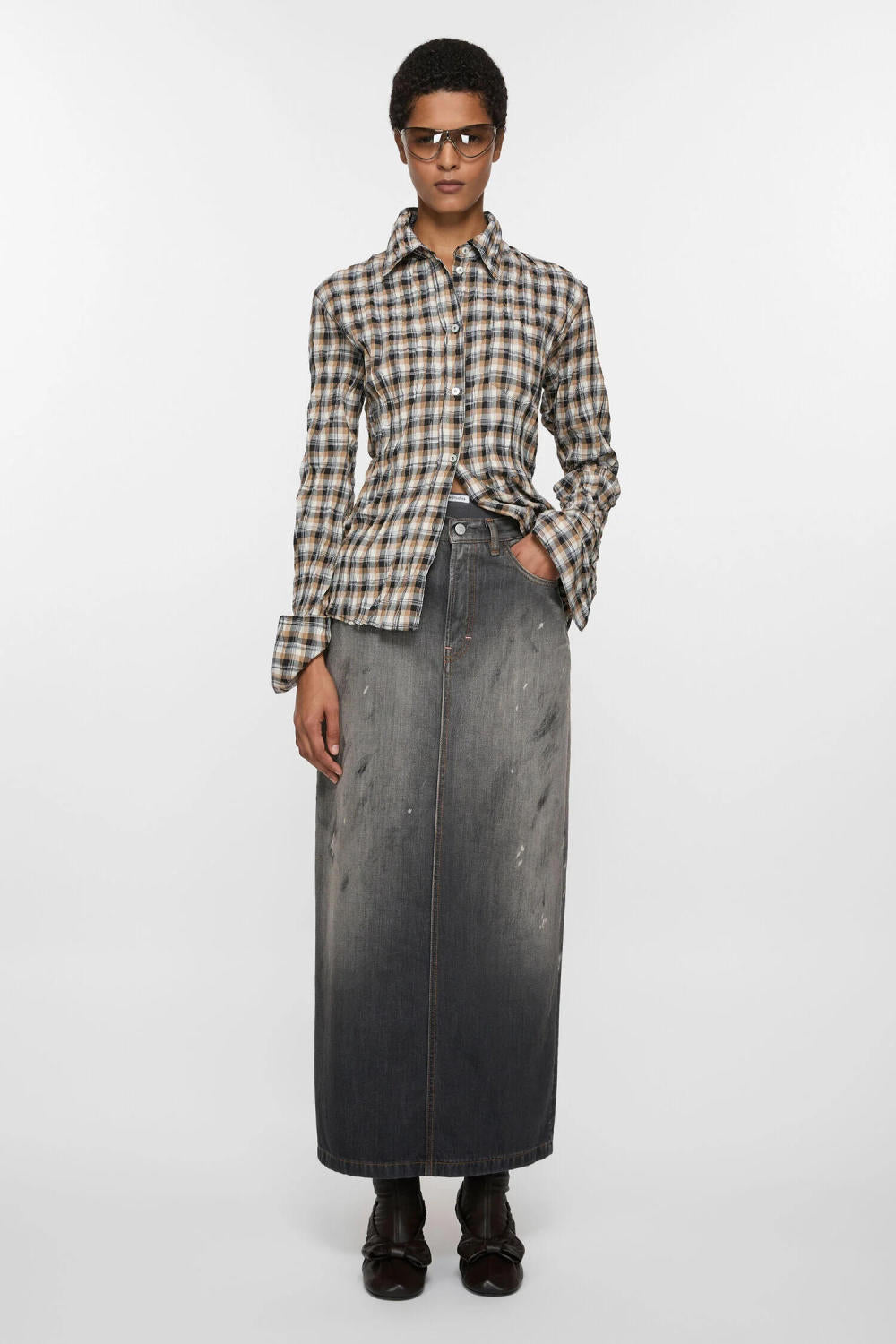 Acne Studios Women's Spring/Fall Checkered Single-Breasted Color-Blocked Casual Loose-Fit Long-Sleeve Shirt #81593