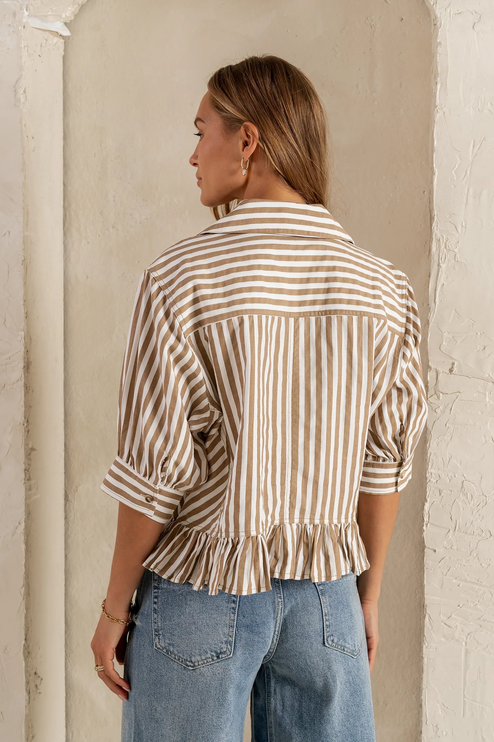Avery Striped Blouse in Tan