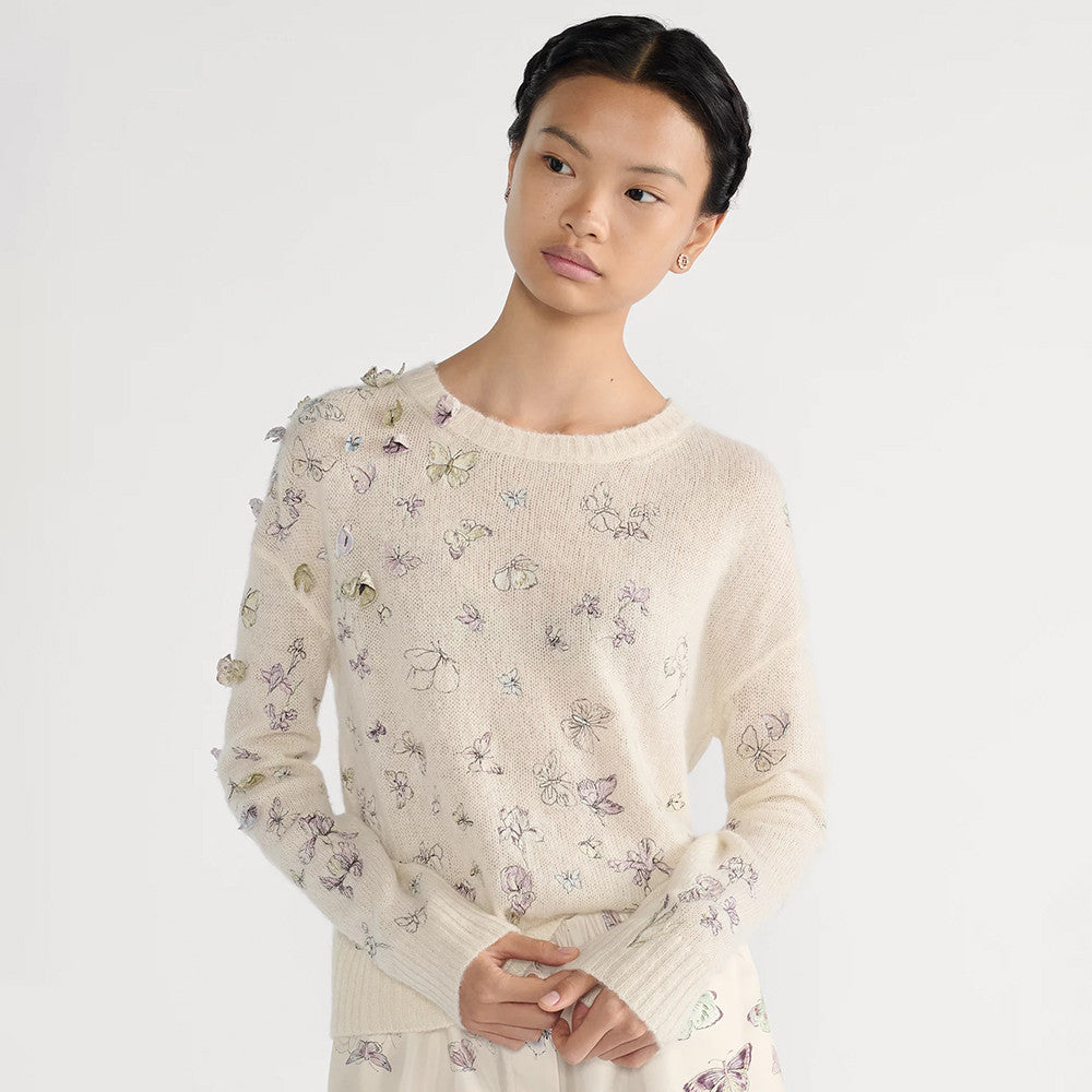 DIOR Embroidered Sweater White Alpaca Cashmere and Silk Knit with Multicolor Butterflies Iris Motif #335853