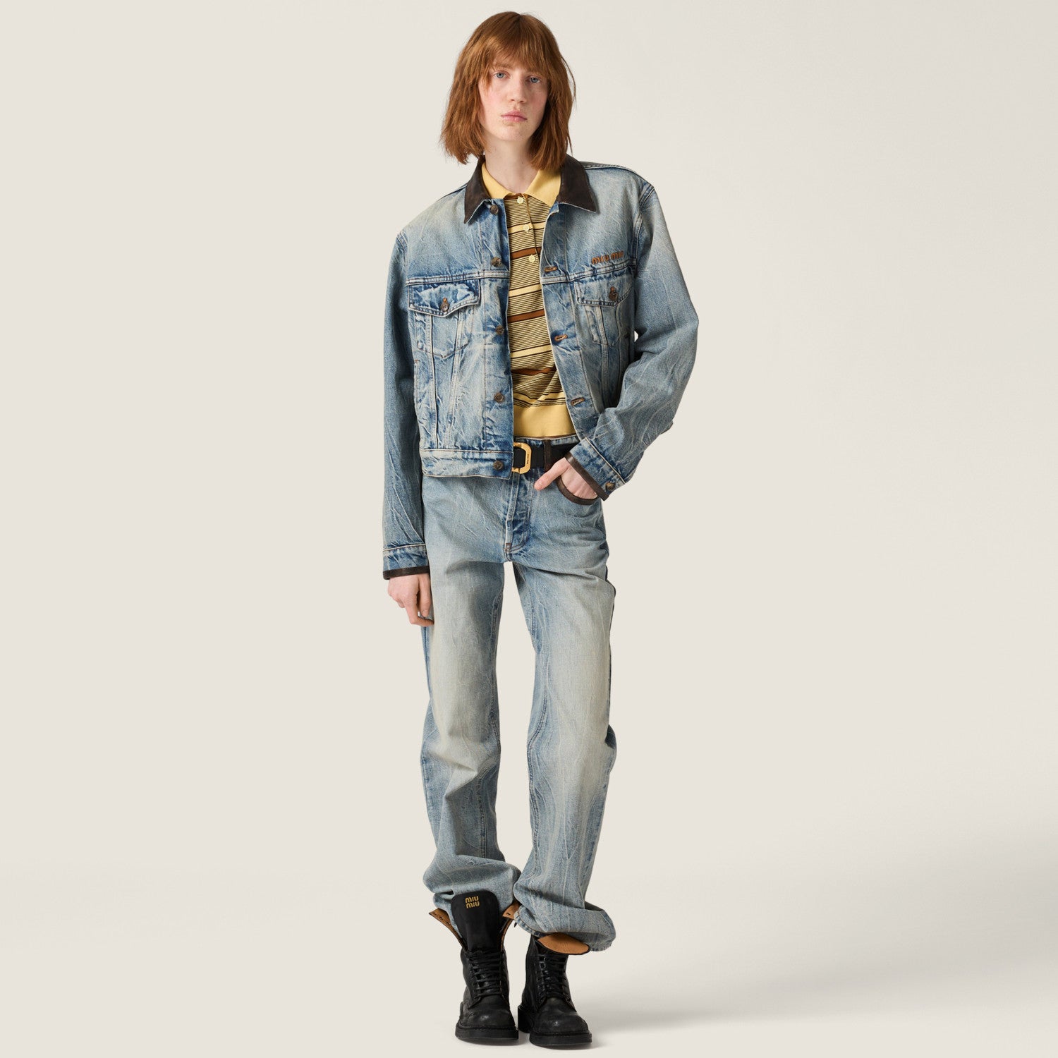 MiuMiu Women's Spring/Fall Fashion Casual Lapel Single Breasted Patchwork Leather Denim Jacket Stylish Relaxed Fit Denim Pants Suit Set #79385