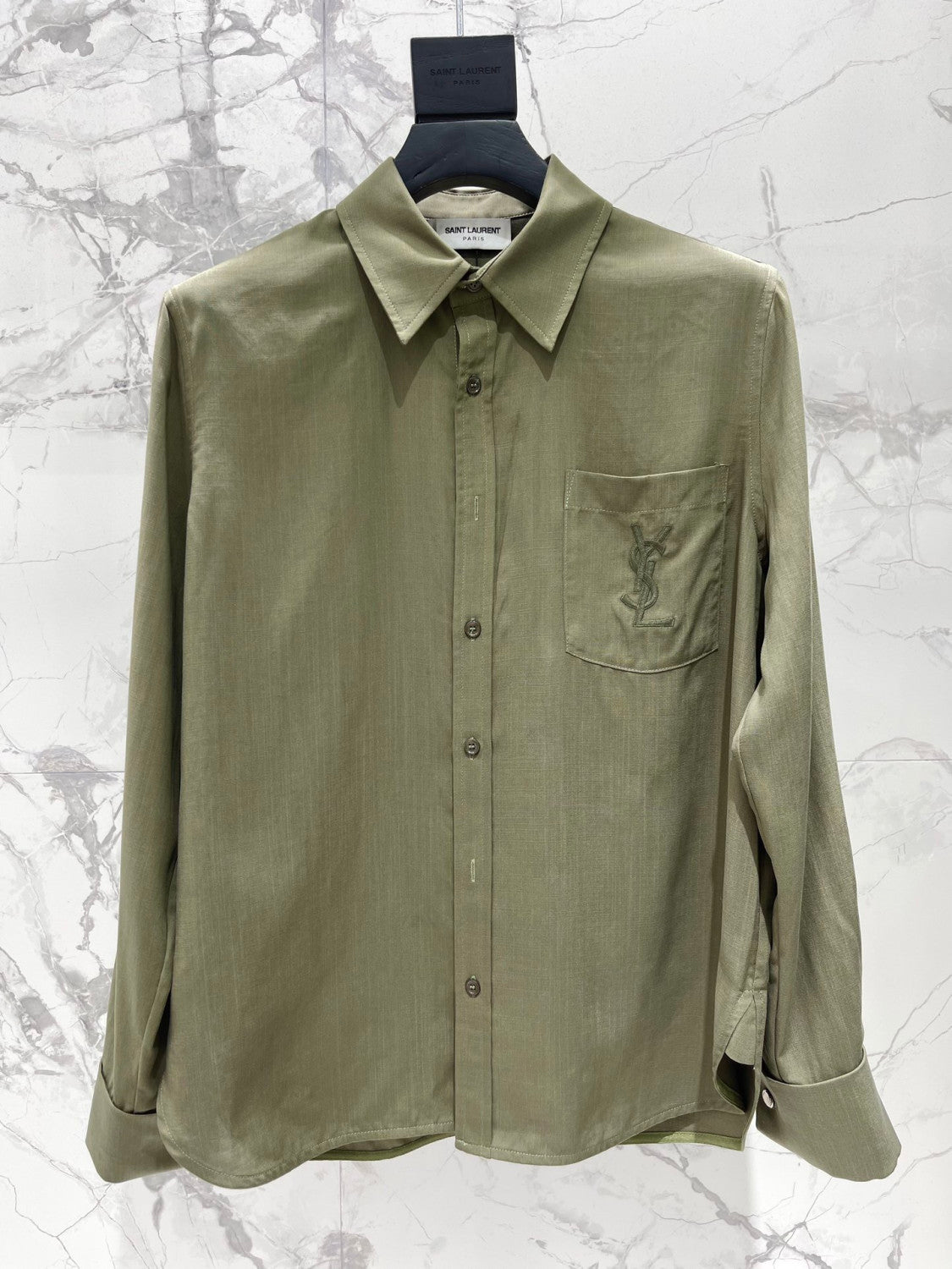 Saint Laurent Women's Lapel Embroidered Pocket Logo Shirt #333271