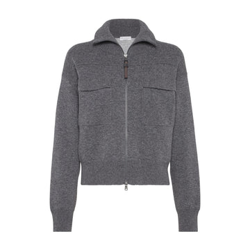 Brunello Cucinelli Women's Spring/Fall Cashmere High-Neck Zipper Coat Solid Color Long-Sleeve Double-Faced Knit Cardigan With Shiny Zipper Pull Ngvp #2312