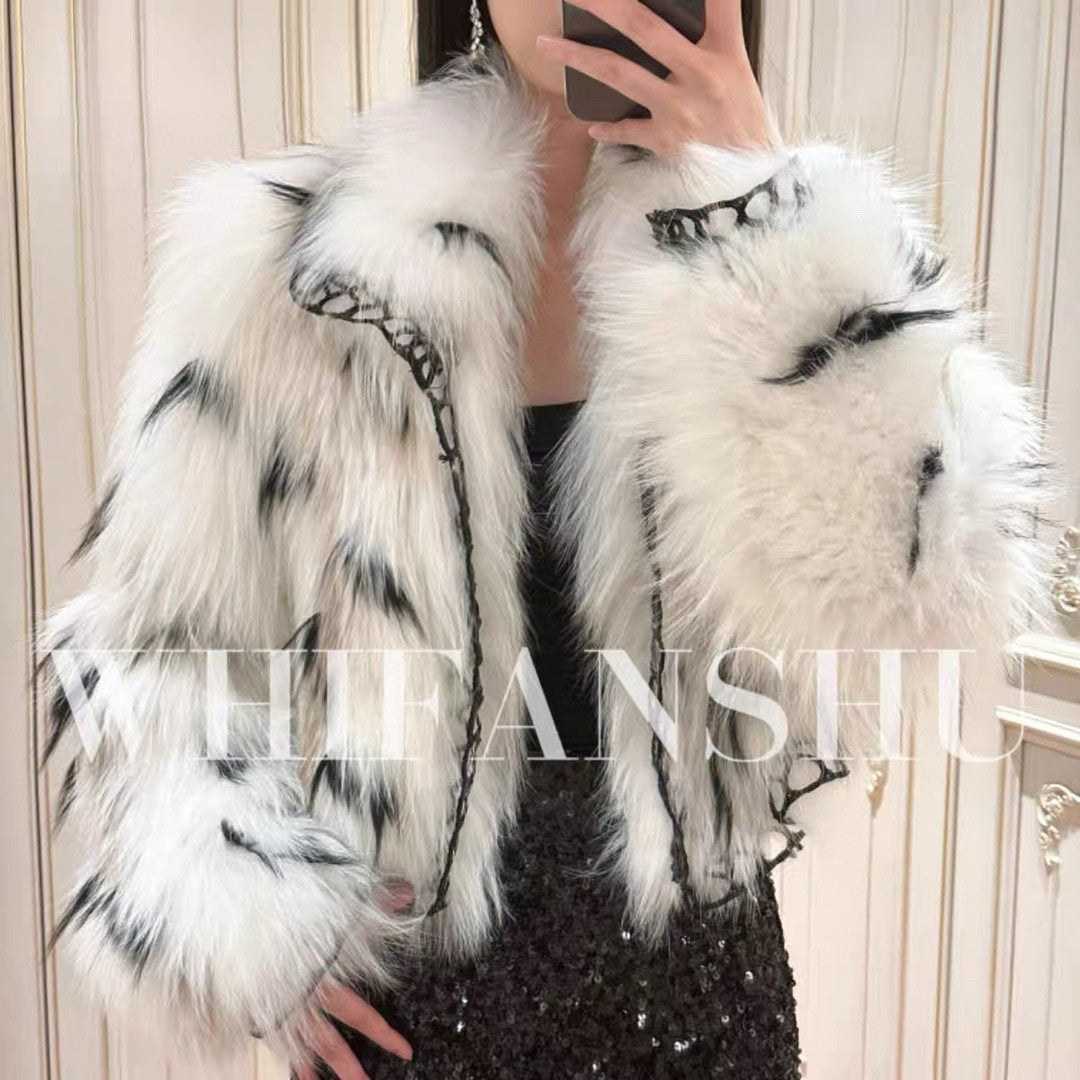 Fendi Women's Autumn/Winter Fox Fur Color Block Pattern Lapel Short Sleeve Jacket Coat Ngvp #2261