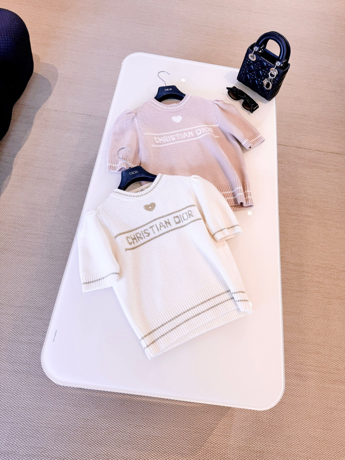 DIOR Short-Sleeved Sweater Ecru and Gold-Tone Virgin Wool-Cashmere Blend Knit #335676