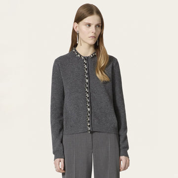 Valentino Women's Luxury Sequins Gray Wool Cardigan Autumn And Winter Fashion Trend Leisure Exquisite Single-breasted Knitted Cardigan Ngvp #2449