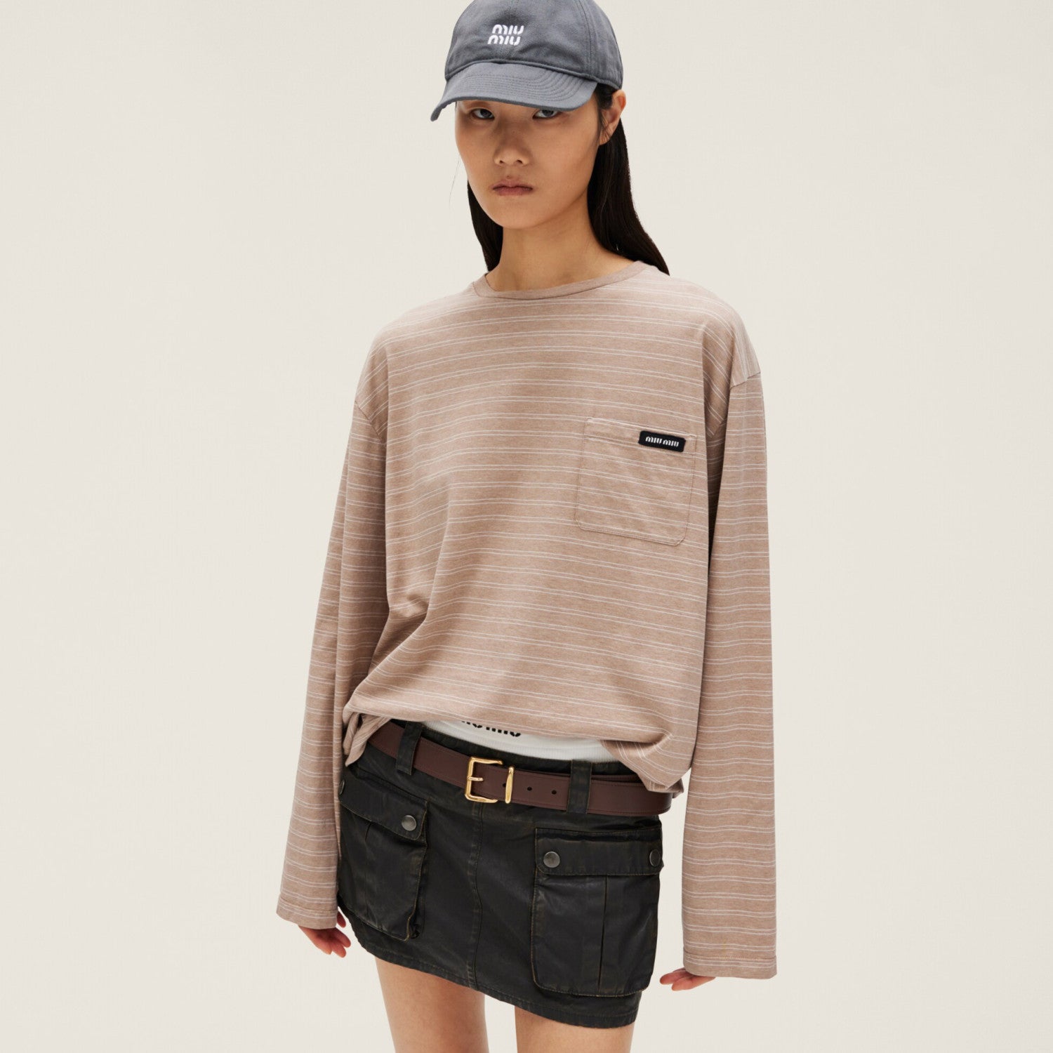 MiuMiu Women's Spring/Autumn Fashion Casual Cotton Plain Weave Knitted Striped Drop Shoulder Sleeve Round Neck Long Sleeve T-Shirt Top #78299