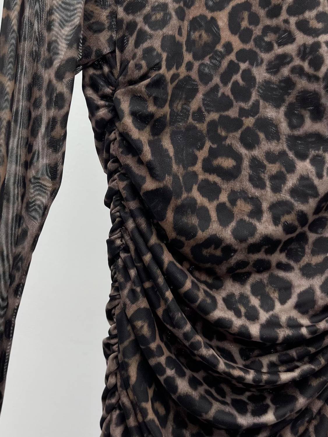 Saint Laurent Ruched Mini Dress in Leopard Tulle Jersey in Brown #334380