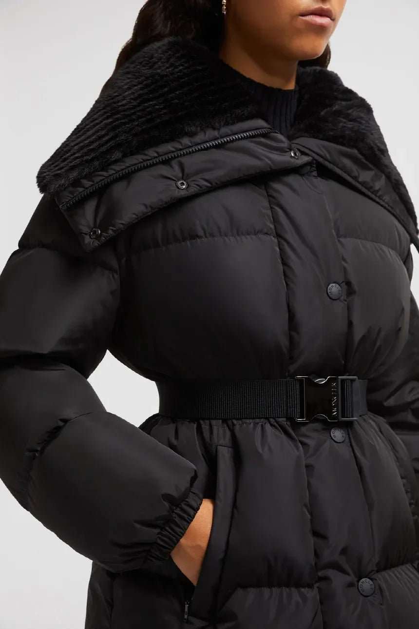 Moncler Women's Fall/Wimter Black Large Lapel Goose Down Jacket With Belt Nylon Short Style Light Jacket #332539