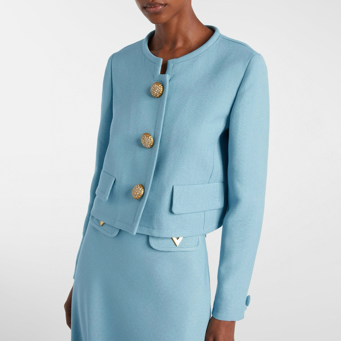 Valentino Women's Fall/winter Fashion Minimalist Classic Crew Neck Solid Color Single Button Short Jacket Classic Minimalist V-shaped Button Design Skirt Suit Set #79194