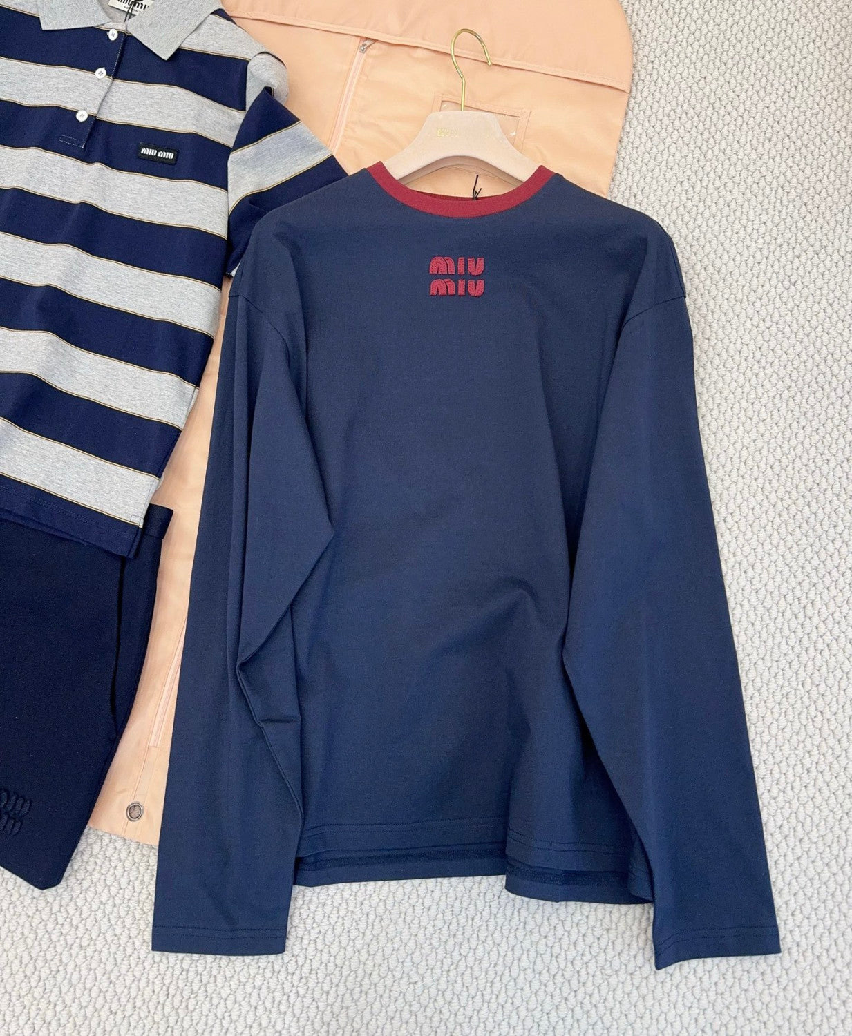 MiuMiu Blue burgundy Long-sleeved Cotton Jersey T-shirt #377089