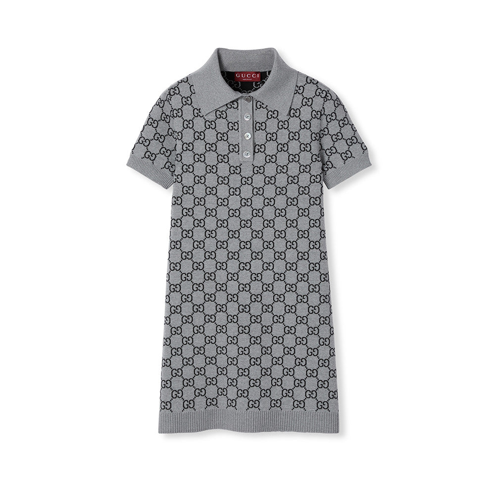 Gucci Women's Fall/Winter Classic Gray and Black GG Wool Jacquard Polo Short Sleeves Dress #332532