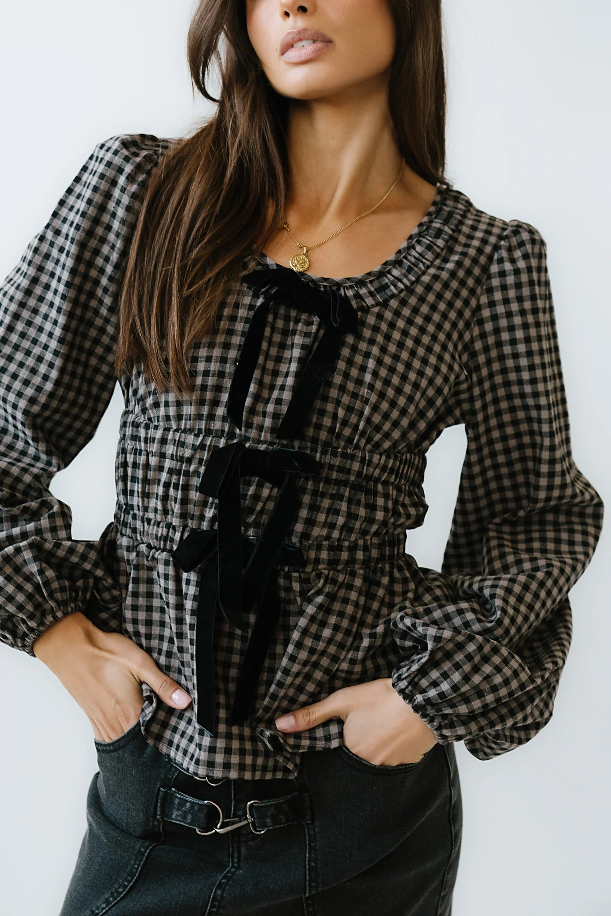Ella Tie Peplum Blouse in Black