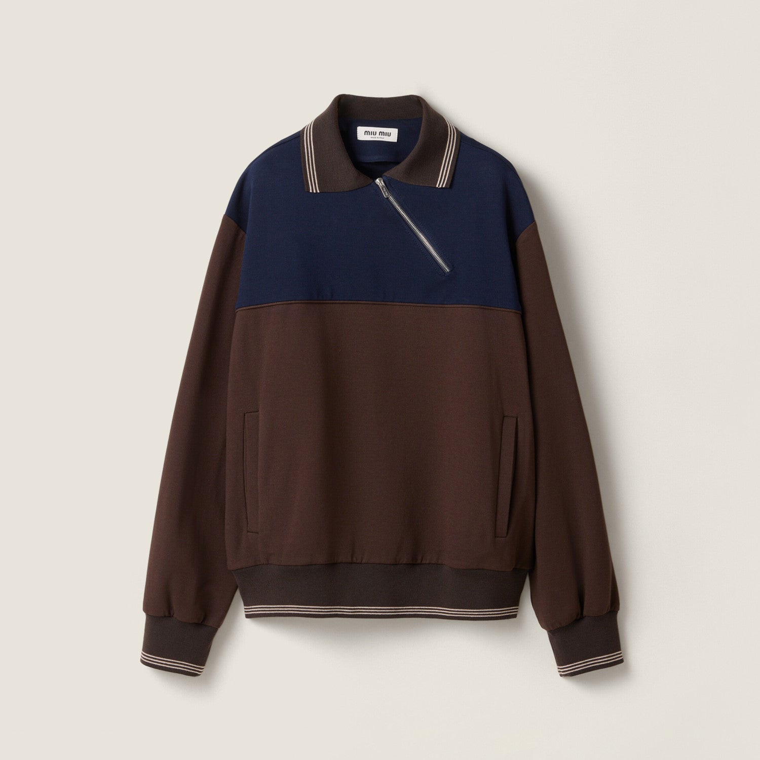 MiuMiu Women's Spring/Fall Casual Fashion Collared Pullover Diagonal Zipper Design Contrasting Color Long Sleeves Sweatshirt #79327